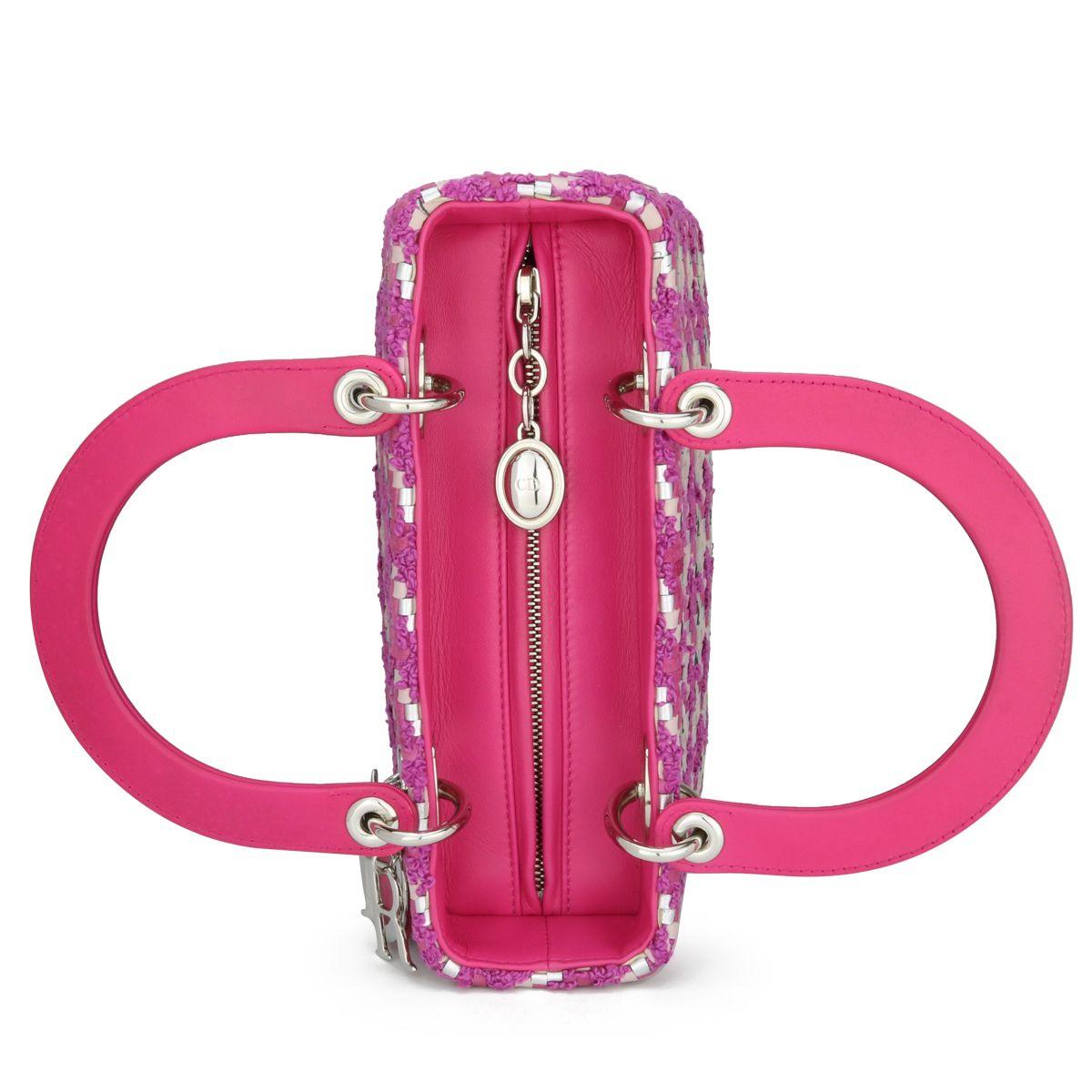 Dior Pink & Silver Woven Leather & Tweed Medium Lady Dior Bag