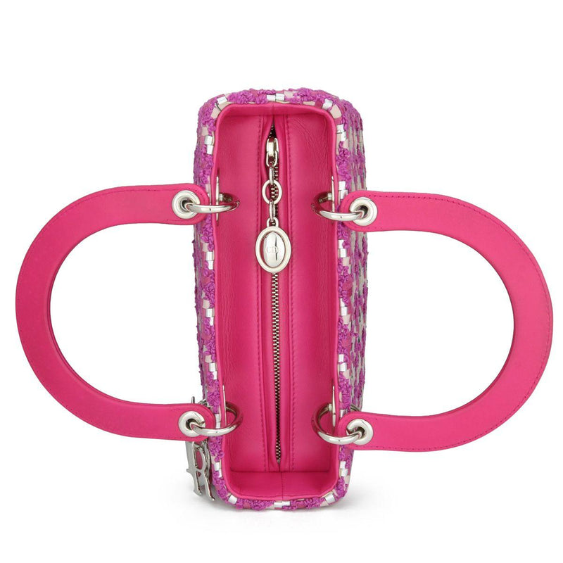Dior Pink & Silver Woven Leather & Tweed Medium Lady Dior Bag