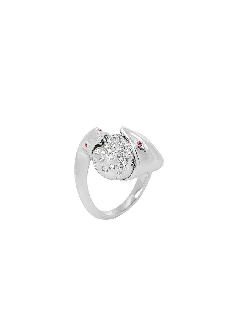 18ct white gold, diamond & ruby Serpent ring 52EU
