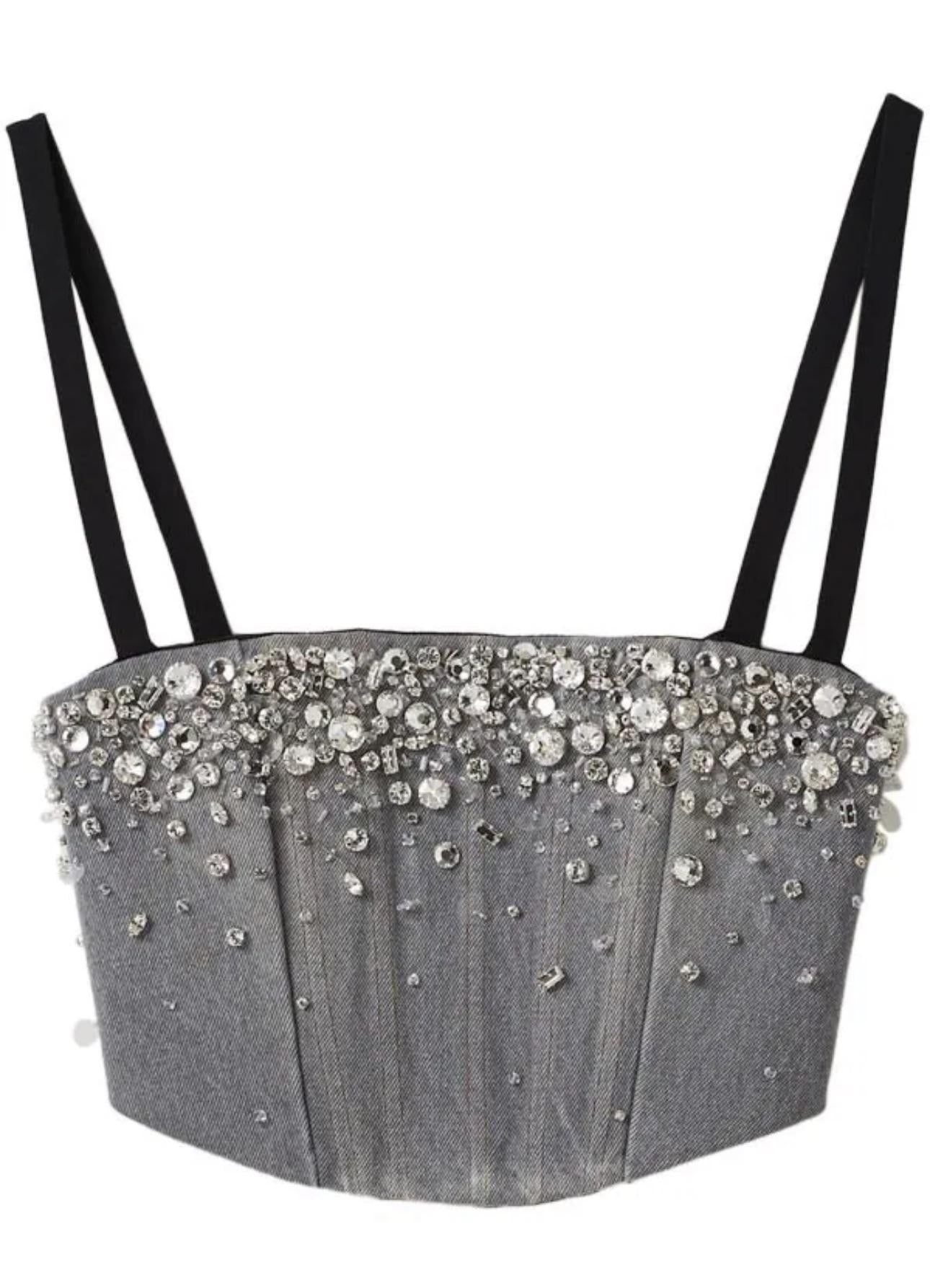Miu Miu Grey Embellished Denim Cropped Top