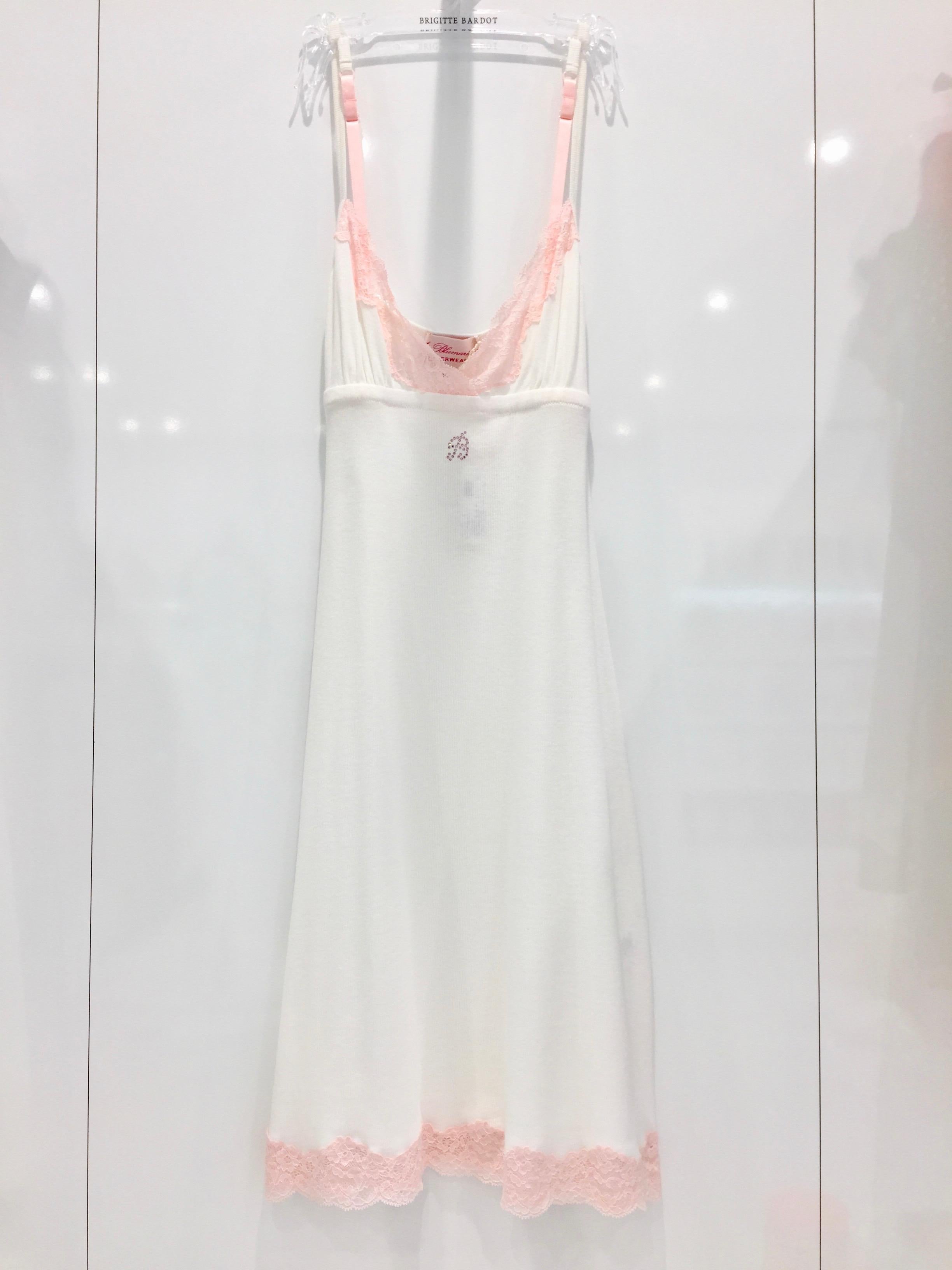 Blumarine White & Pink Leavers Lace Slip Dress