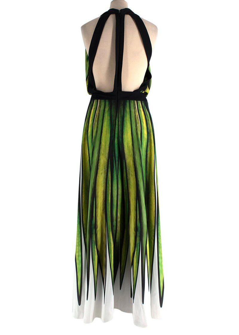 RUNWAY Elie Saab Green Patterned Deep Plunge Gown