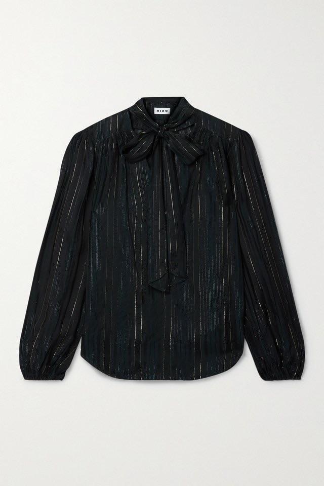 Black Lurex Pussy Bow Blouse