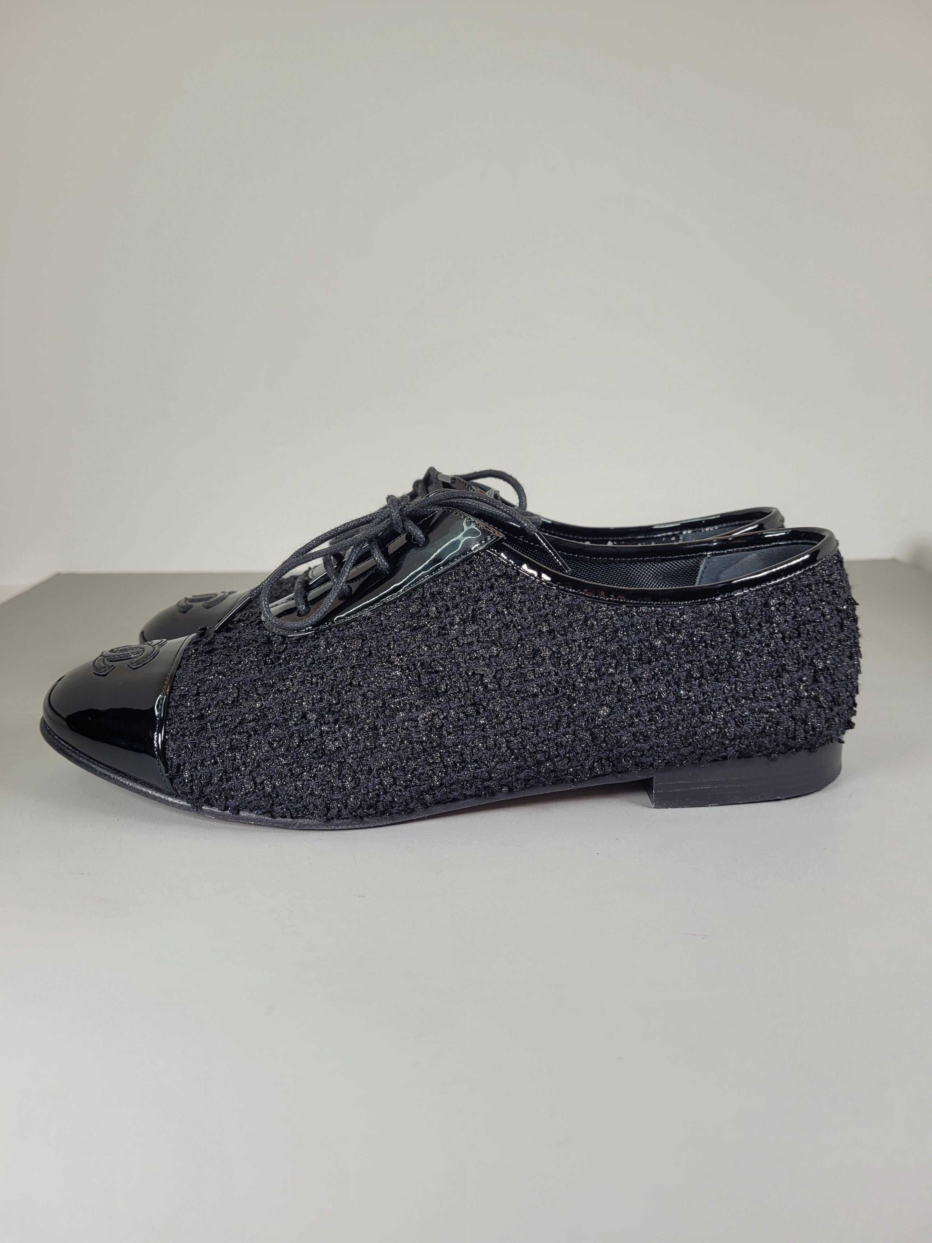 Chanel Black Patent Leather and Tweed Brogues
