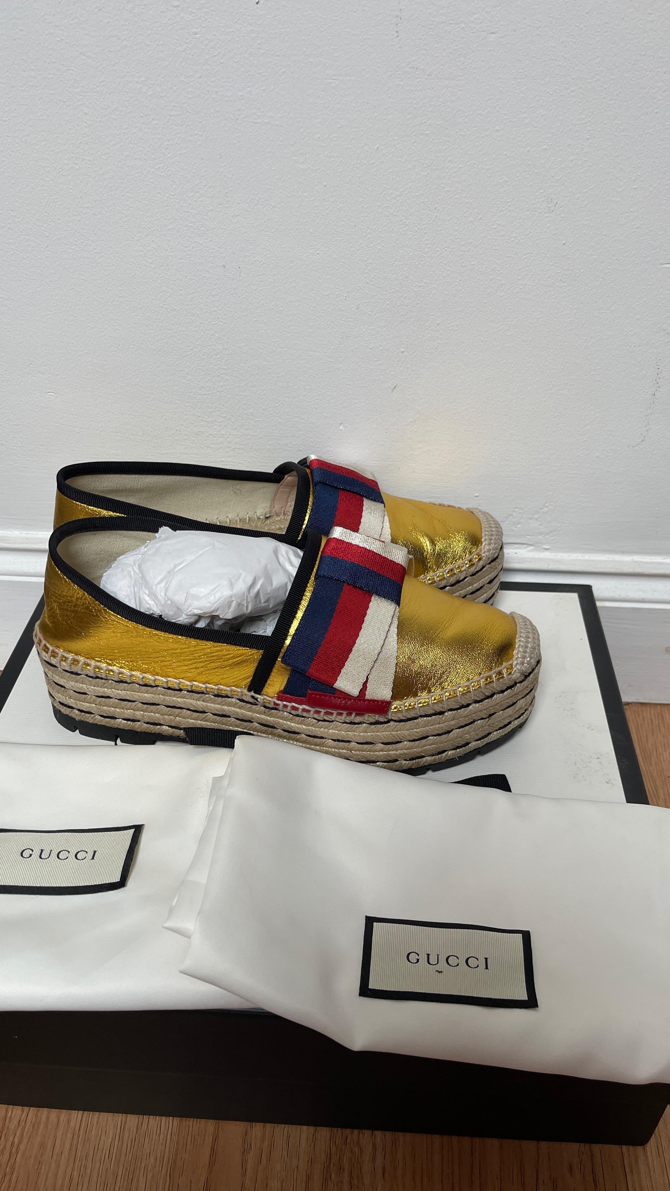 Web Bow Metallic Gold Platform Espadrilles