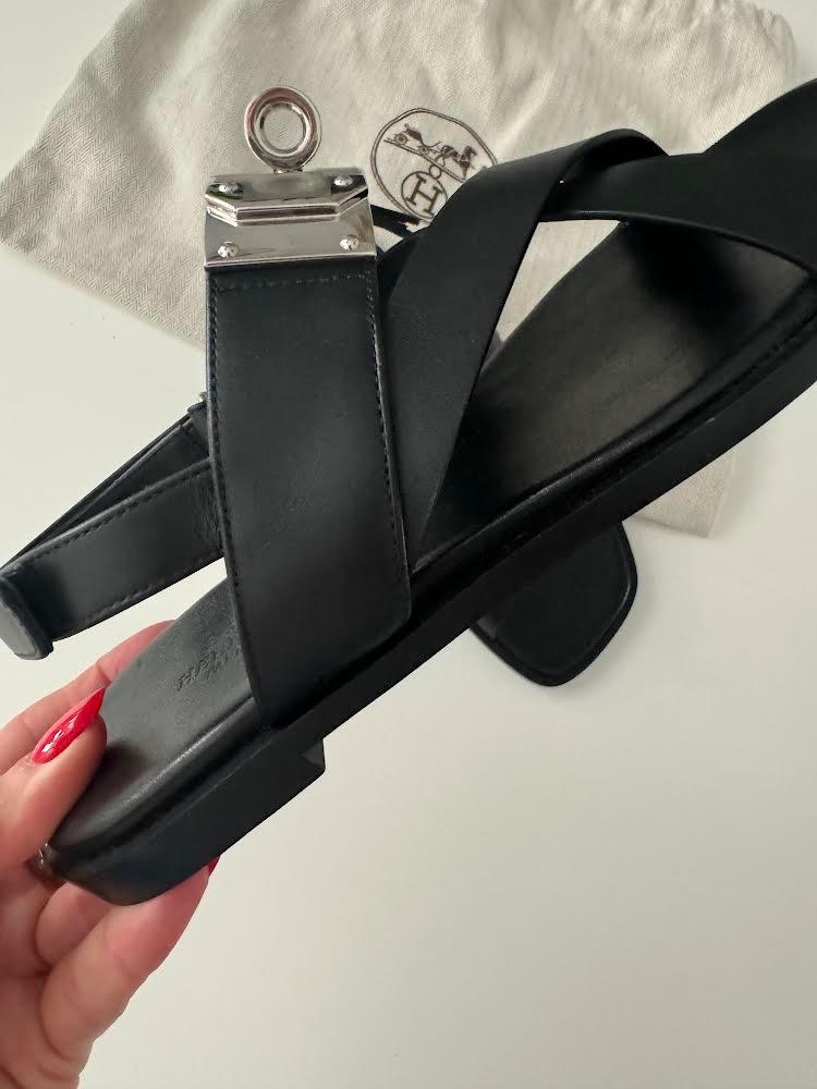 Hermes Black Leather Ines Sandals