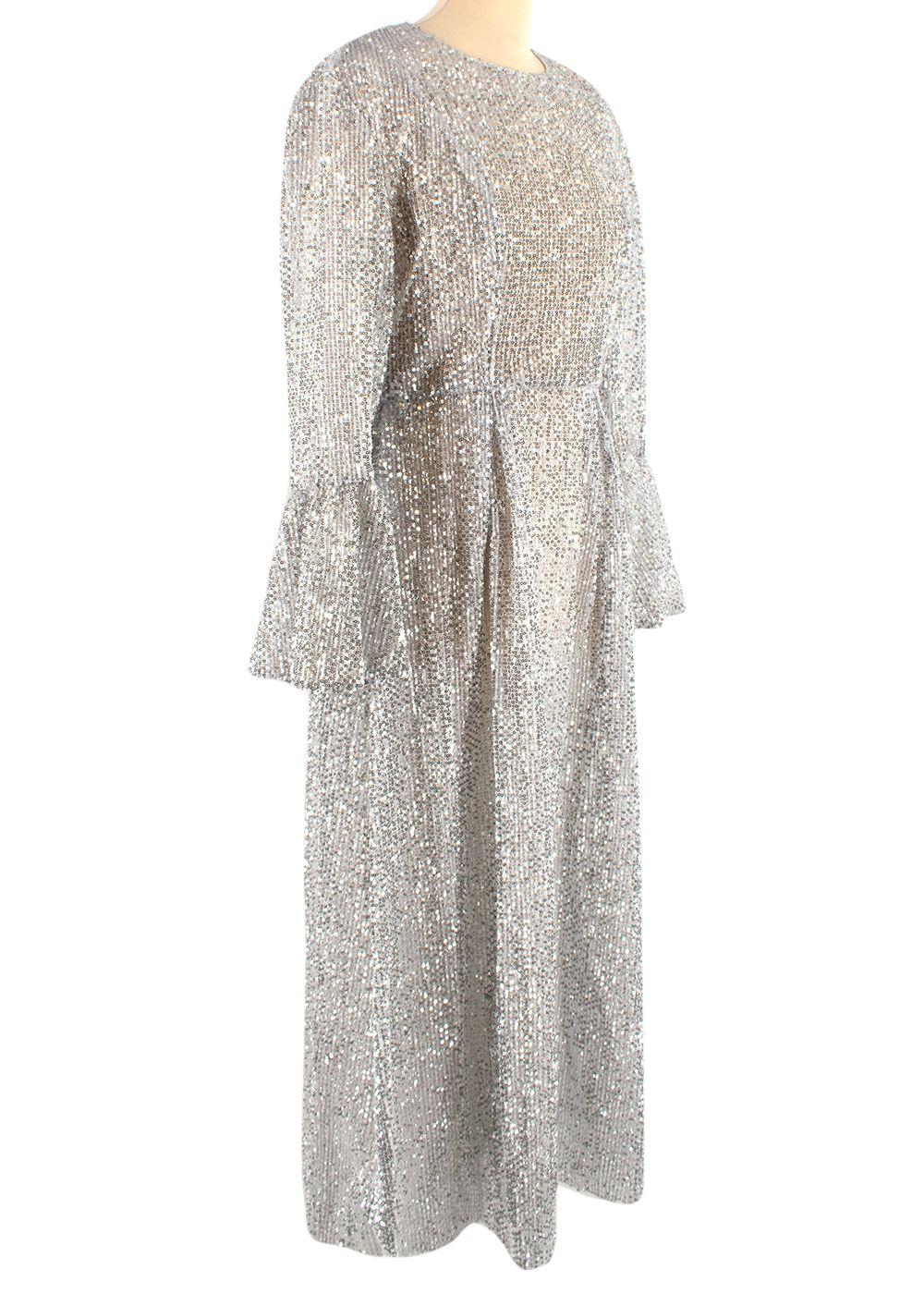 Silver Sequin Embellished Frill Sleeved Maxi Dress