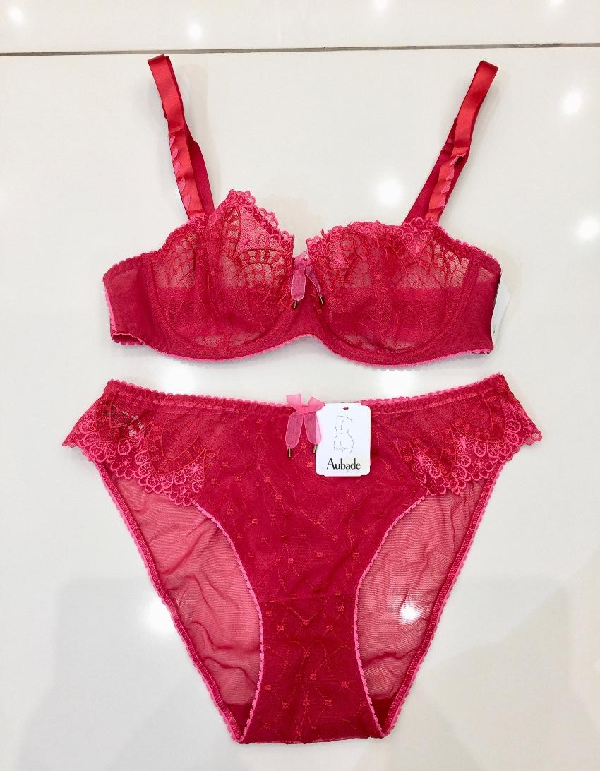 Aubade Paris Embroidered Rose Red & Fuchsia Pink Bra & Brief Set