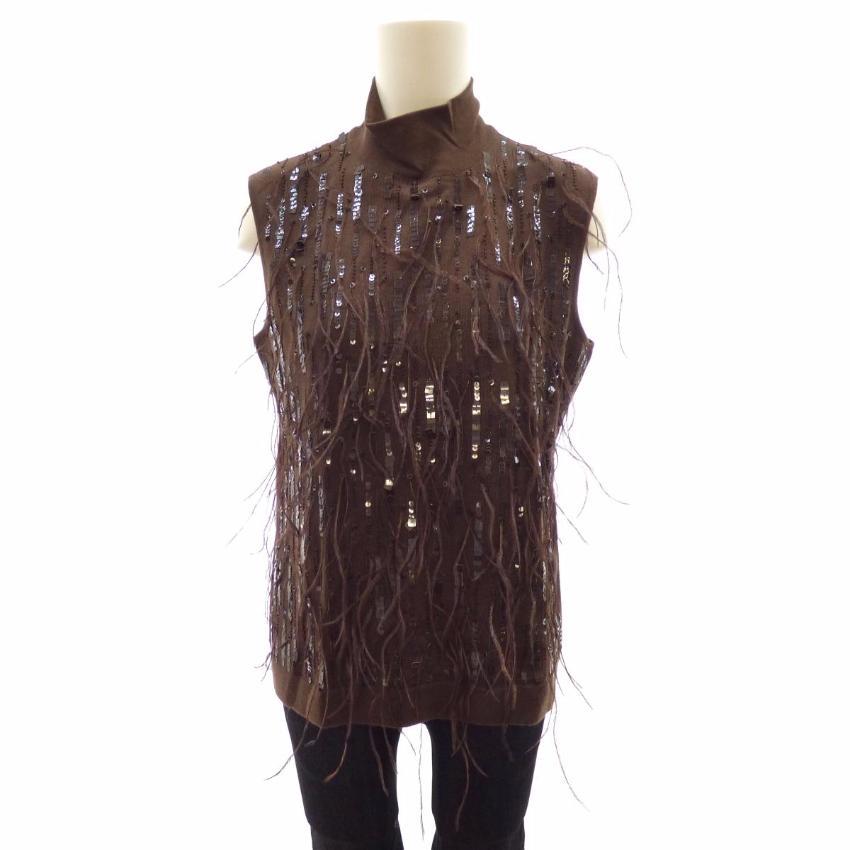 Escada Brown Wool Feather Sequins Sleeveless Top
