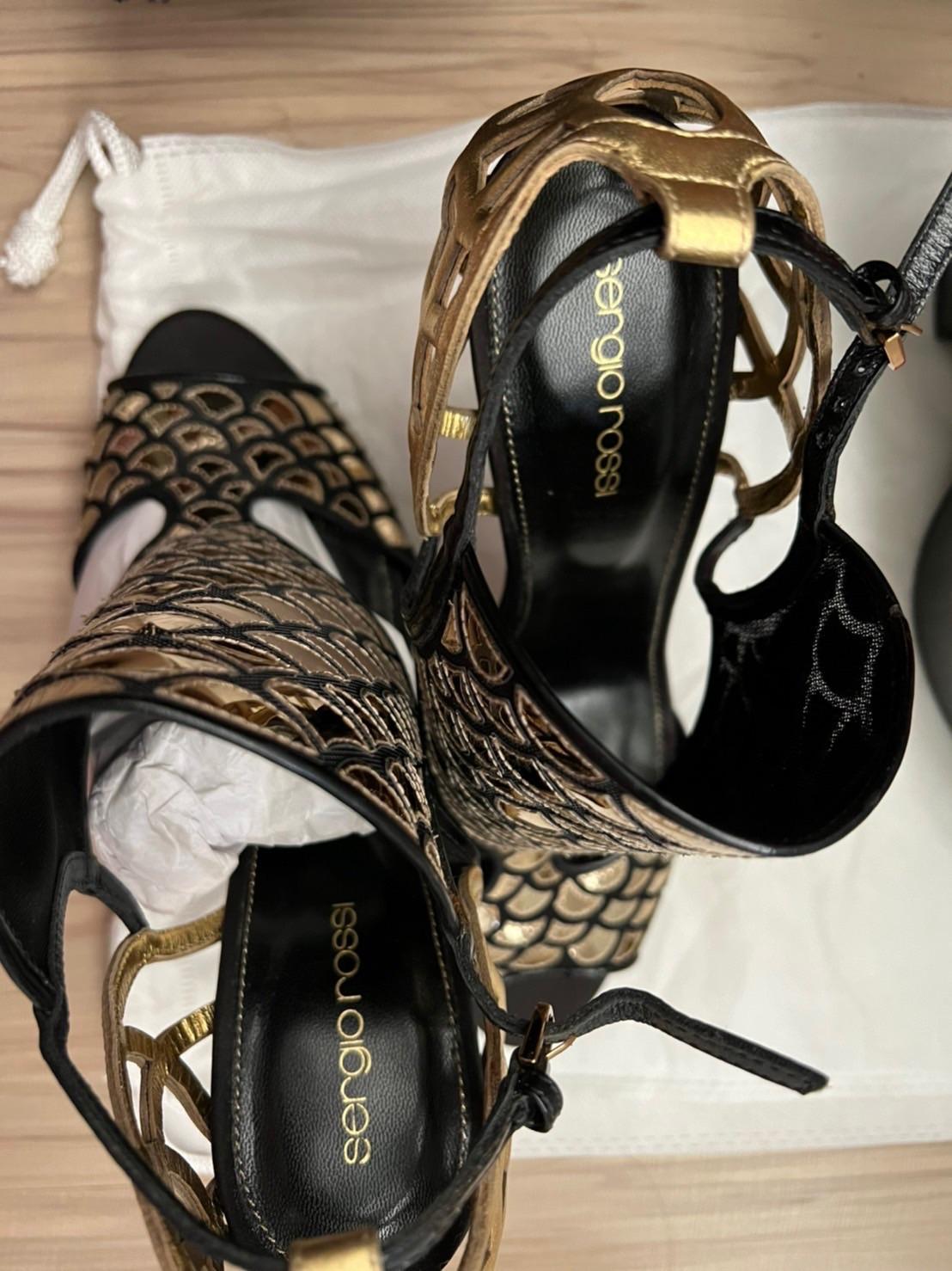 Black & Gold Fish Scale Heeled Sandals
