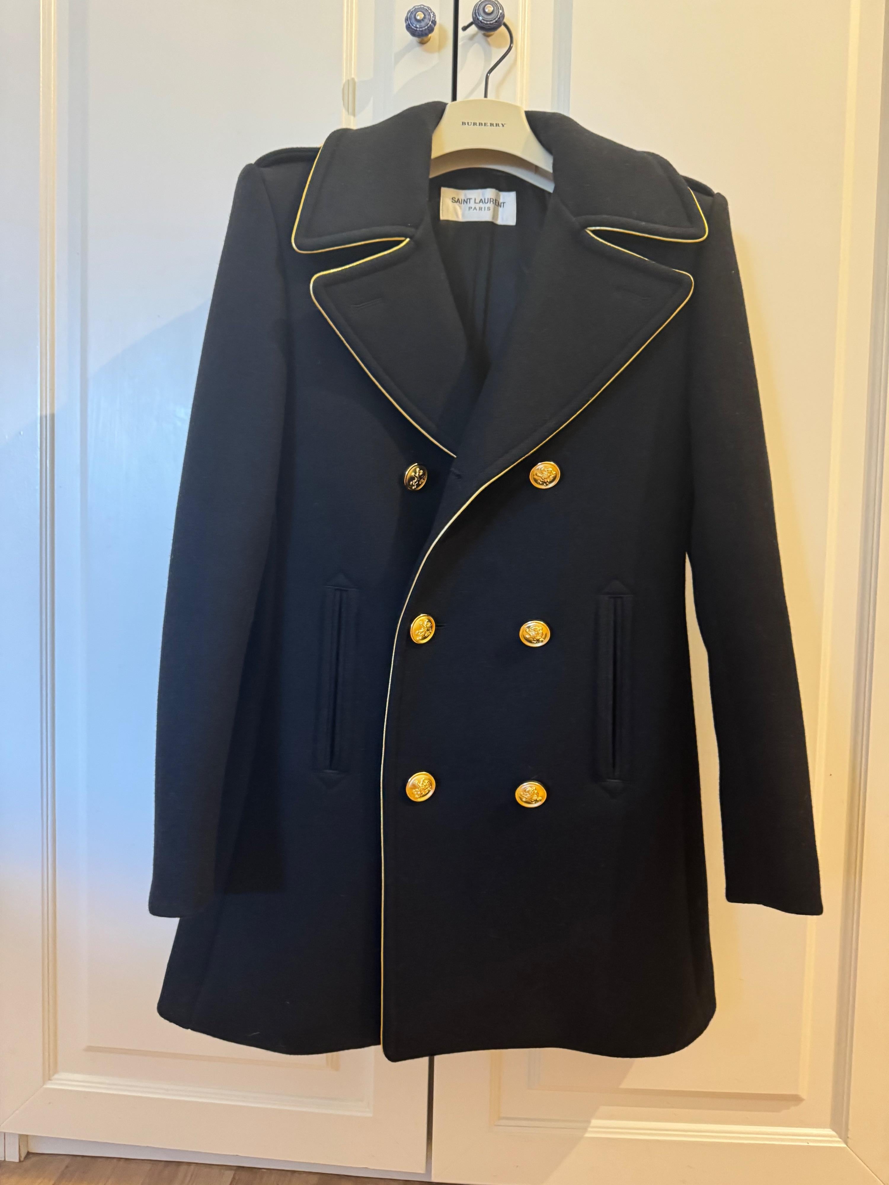 Saint Laurent Gold Trim Black Wool Coat