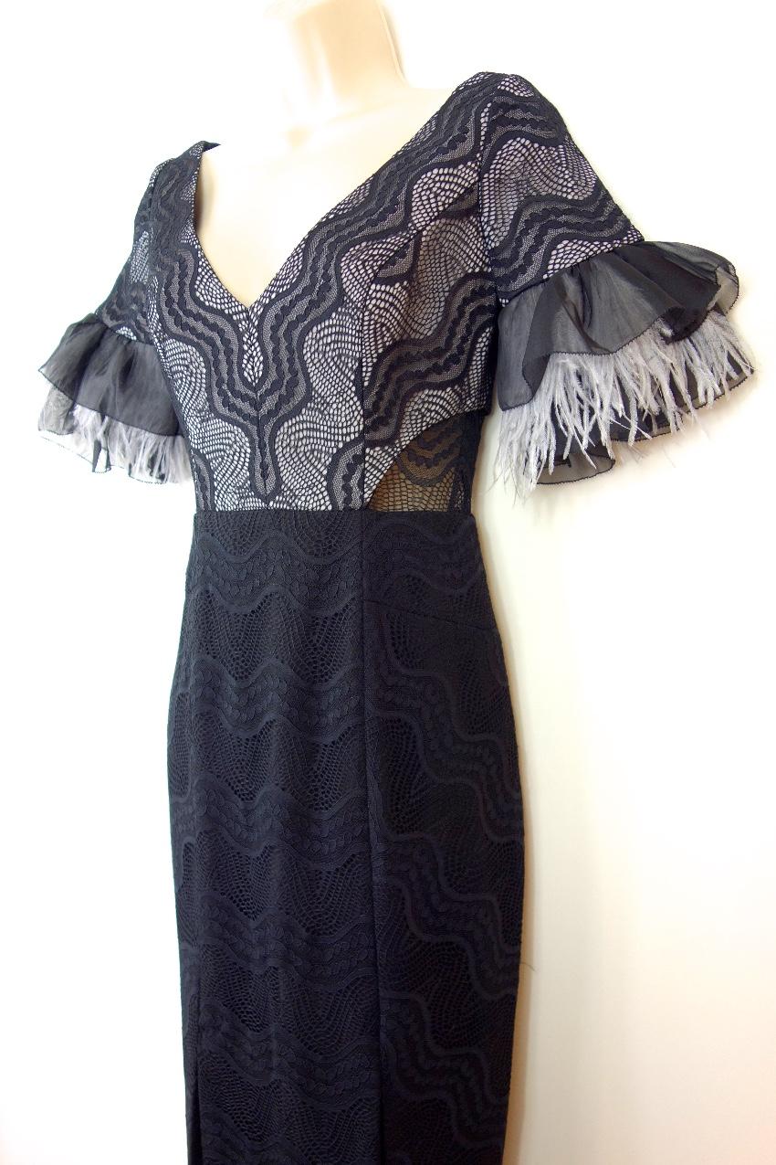 Three Floor Feather Trimmed Stretch Fitted Dress