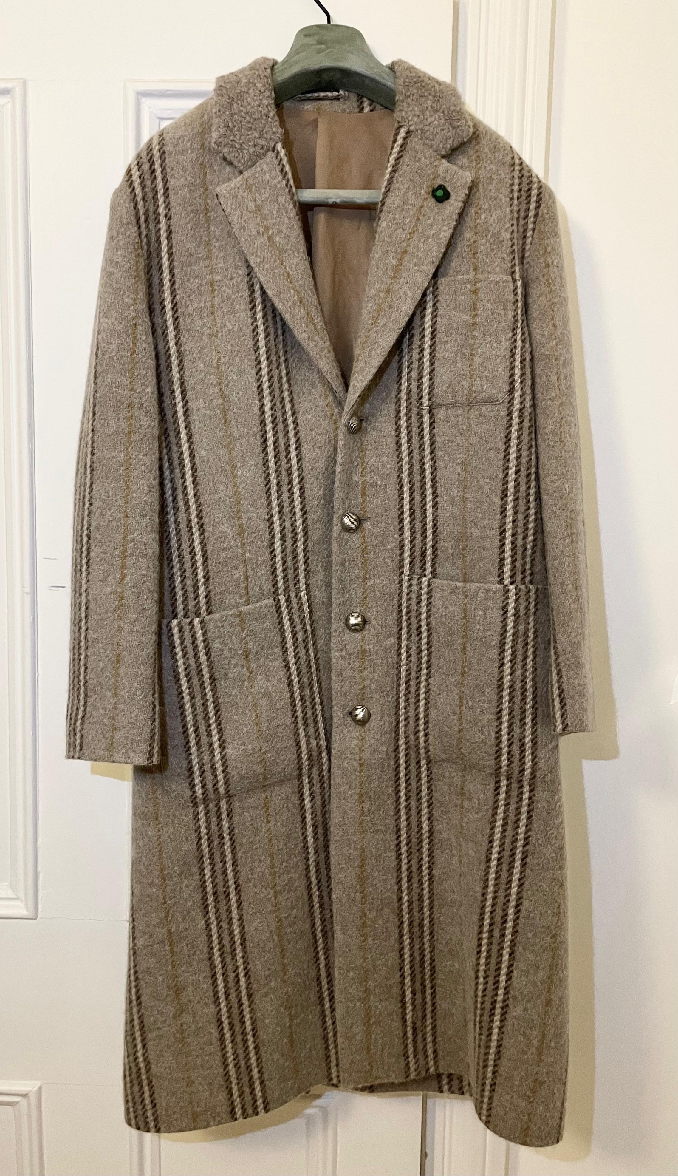 Beige Striped Wool Long Coat