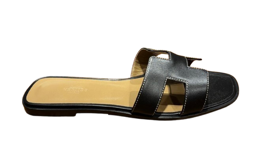 Hermes Black Leather Oran Sandals