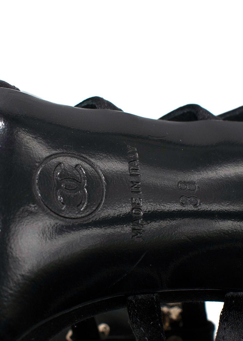 Chanel Black Satin Strappy Heels with Bow Detailing