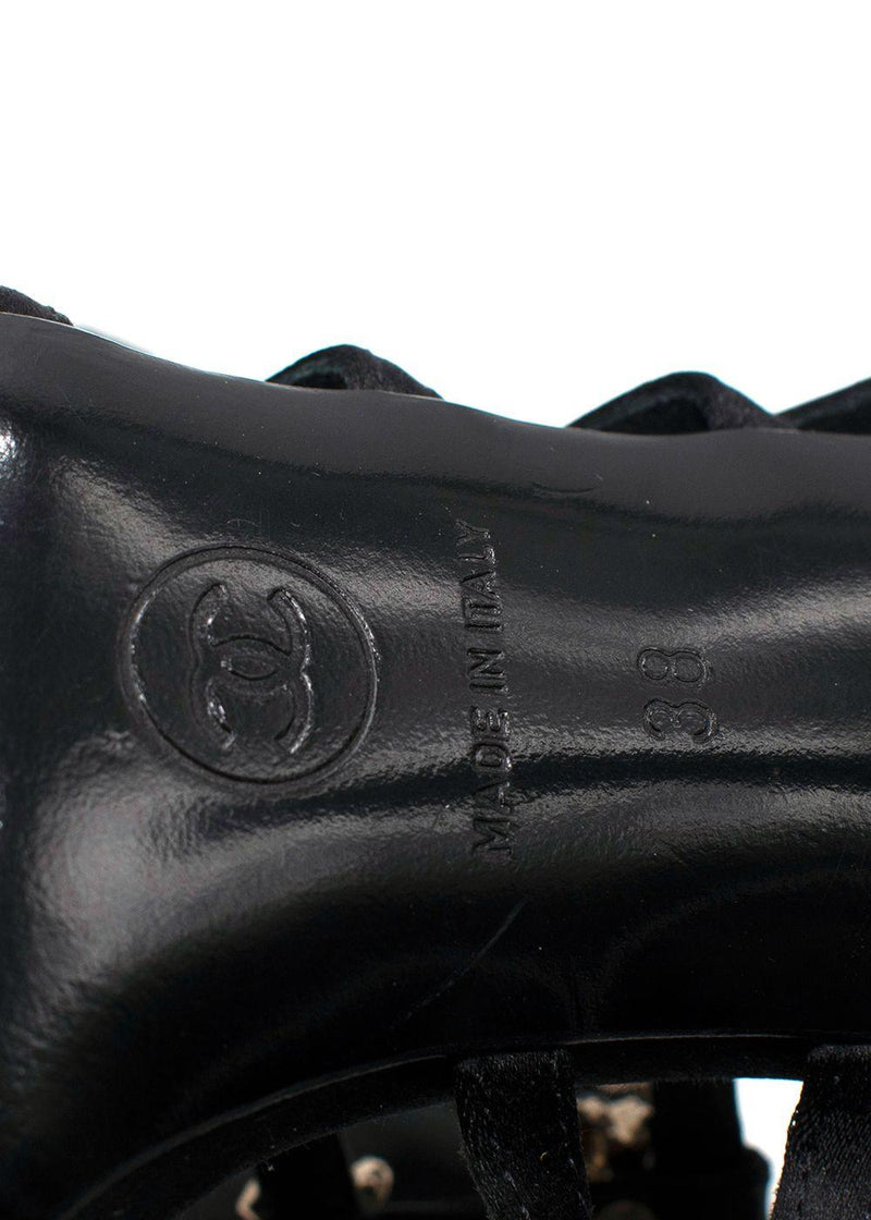 Chanel Black Satin Strappy Heels with Bow Detailing