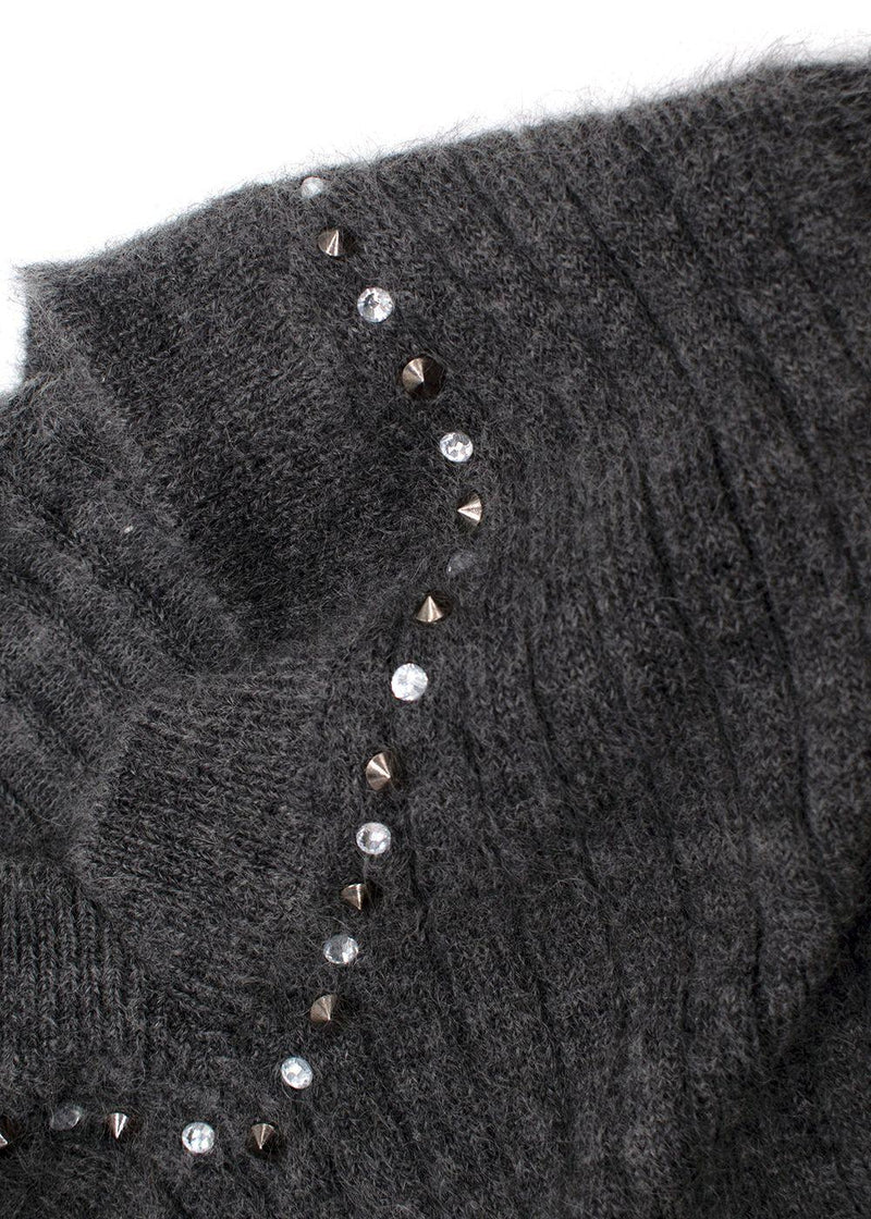 Alessandra Rich Grey Stud Mohair Blend V-Neck Sweater