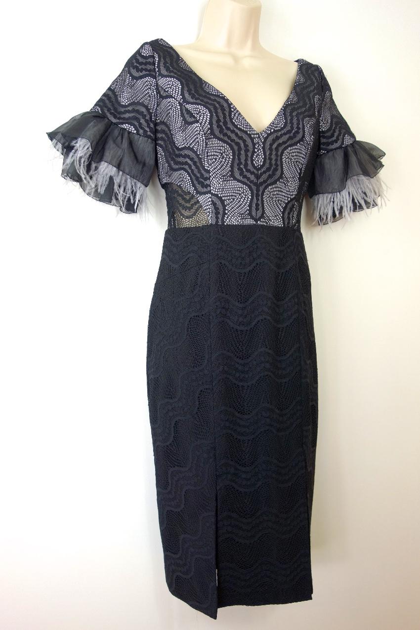 Three Floor Feather Trimmed Stretch Fitted Dress