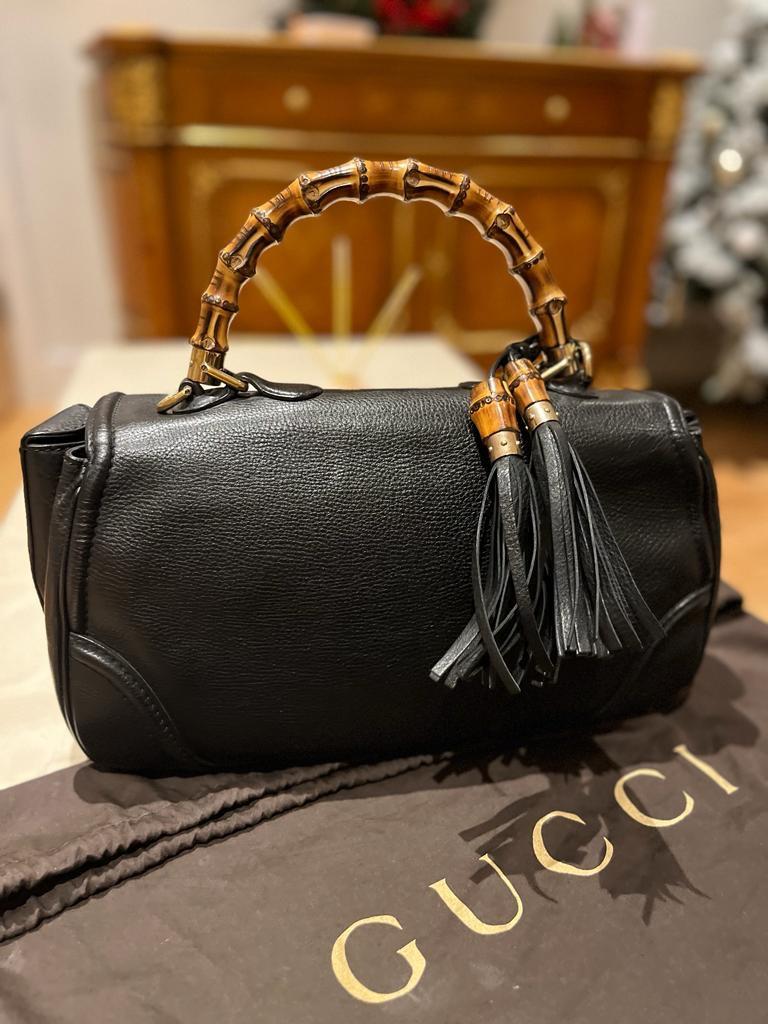 Black Leather Bamboo Top Handle Bag
