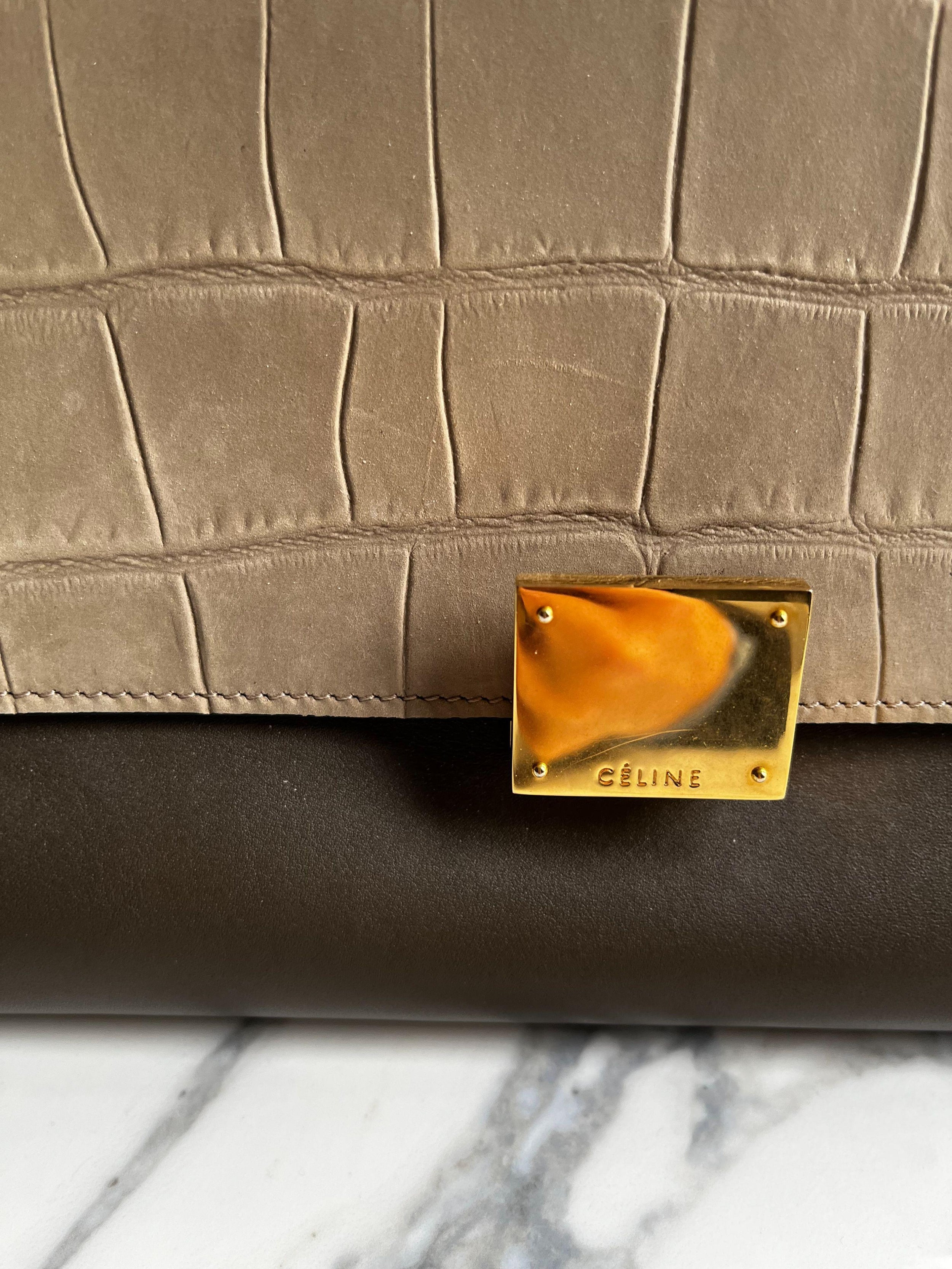 Beige Crocodile Embossed Trapeze Bag