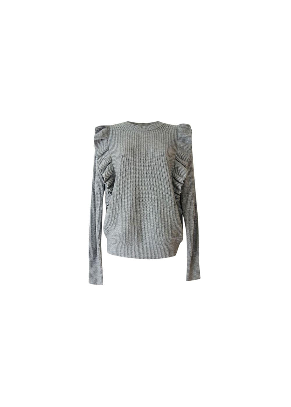 grey ribbed frilled shoulder jumper