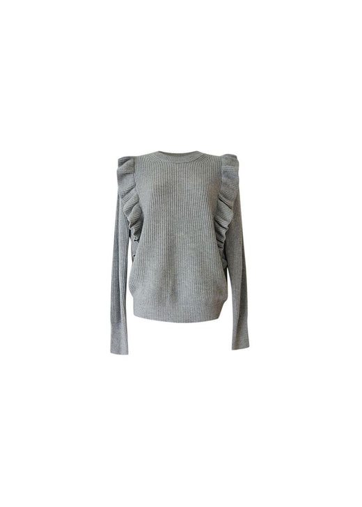 grey ribbed frilled shoulder jumper