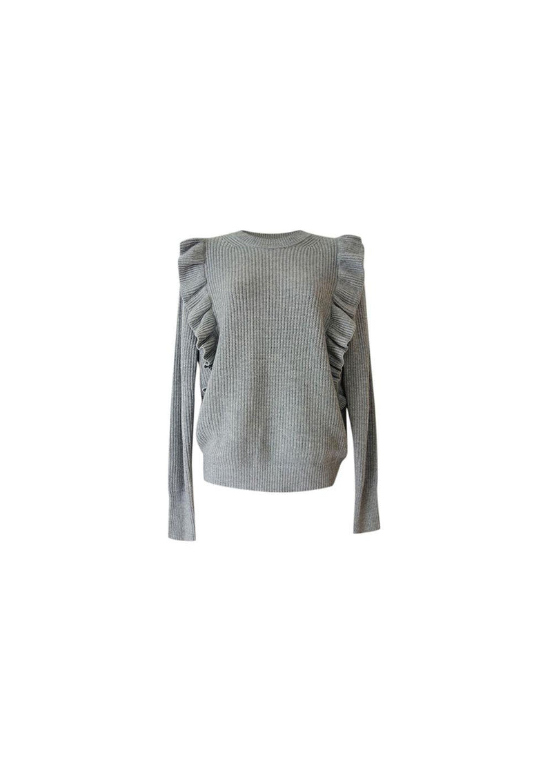 grey ribbed frilled shoulder jumper