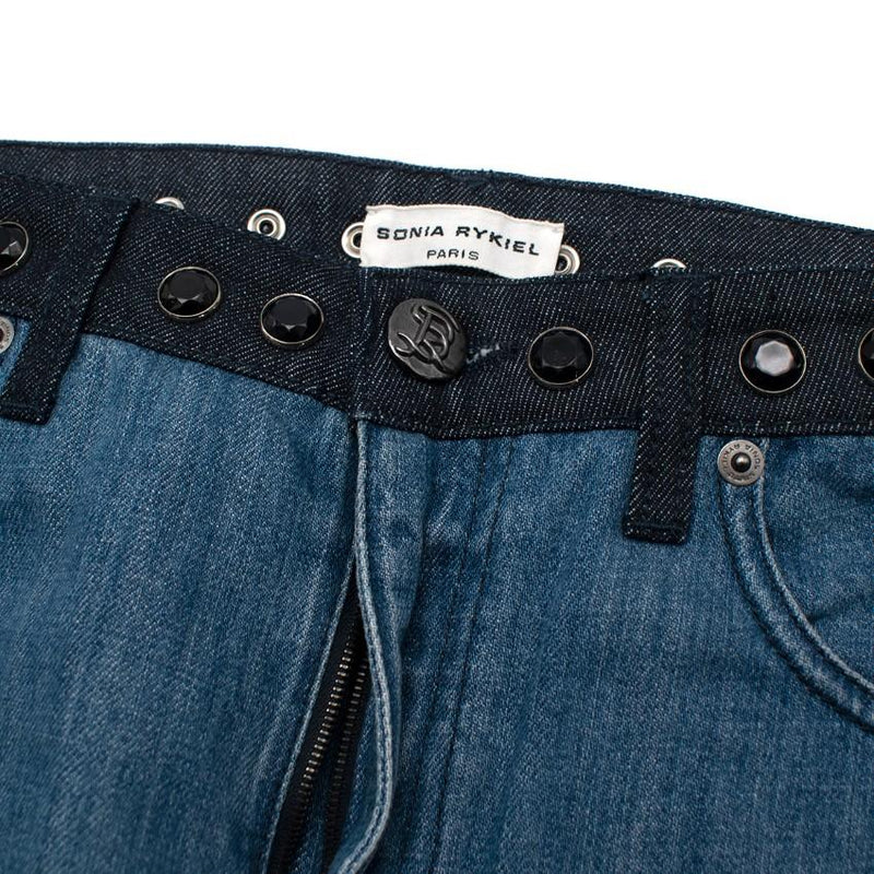 Sonia Rykiel Mid-Wash Wide Leg Denim Jeans with Crystal Waistband