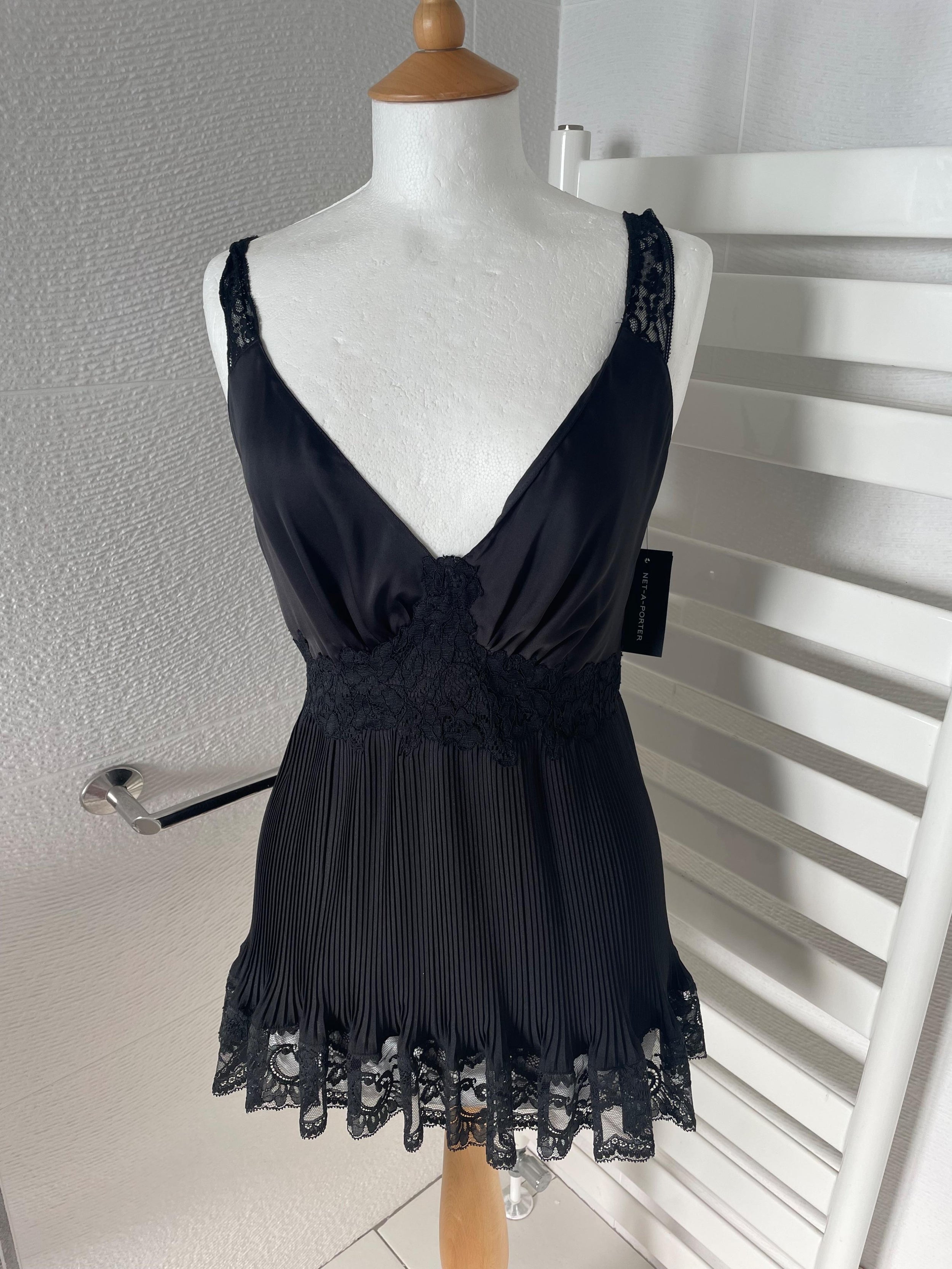 Plisse Black Crepe de Chine Lace Trimmed Top & Shorts Set