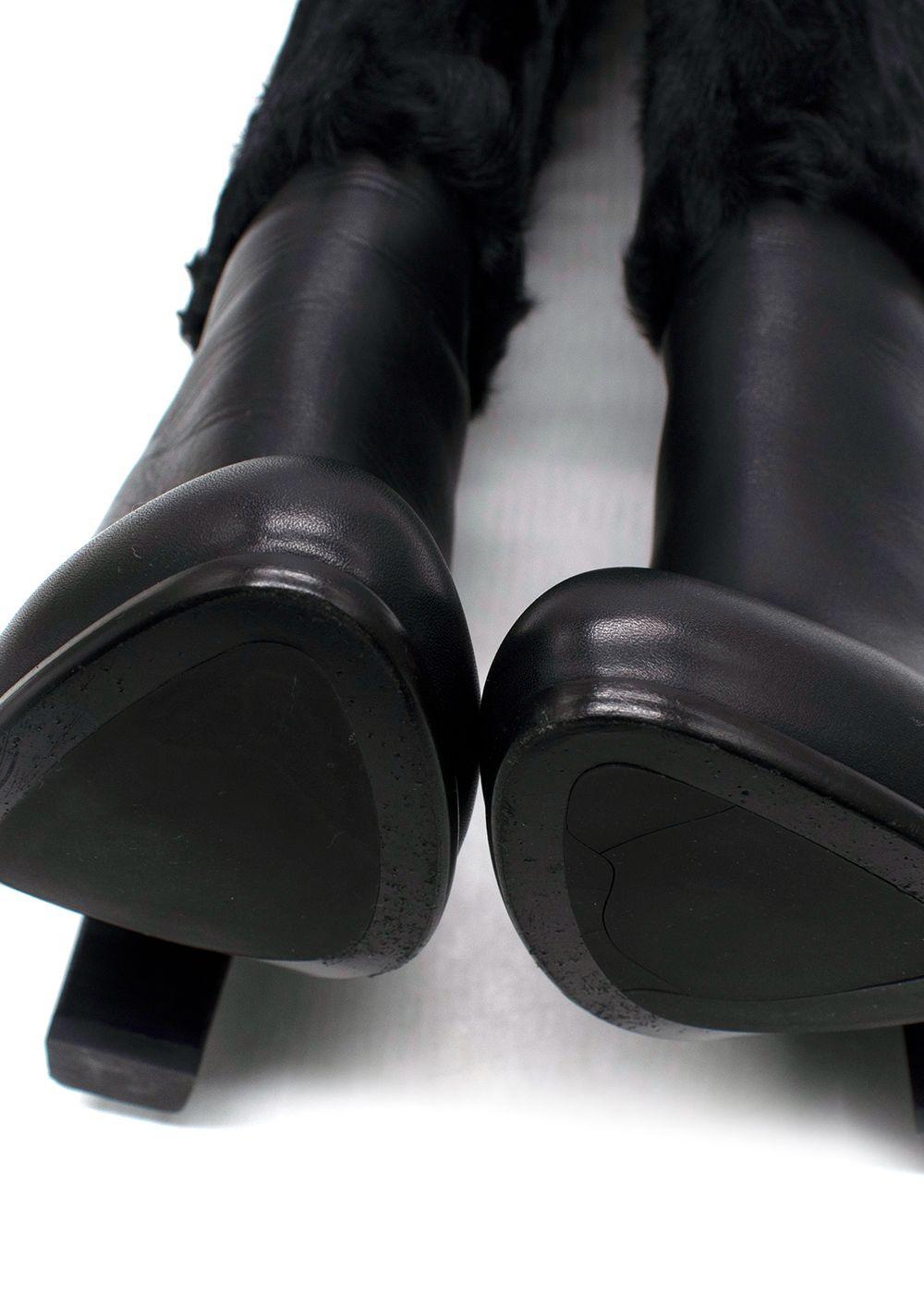 Dior Black Knee High Leather Boots with Fur Detail