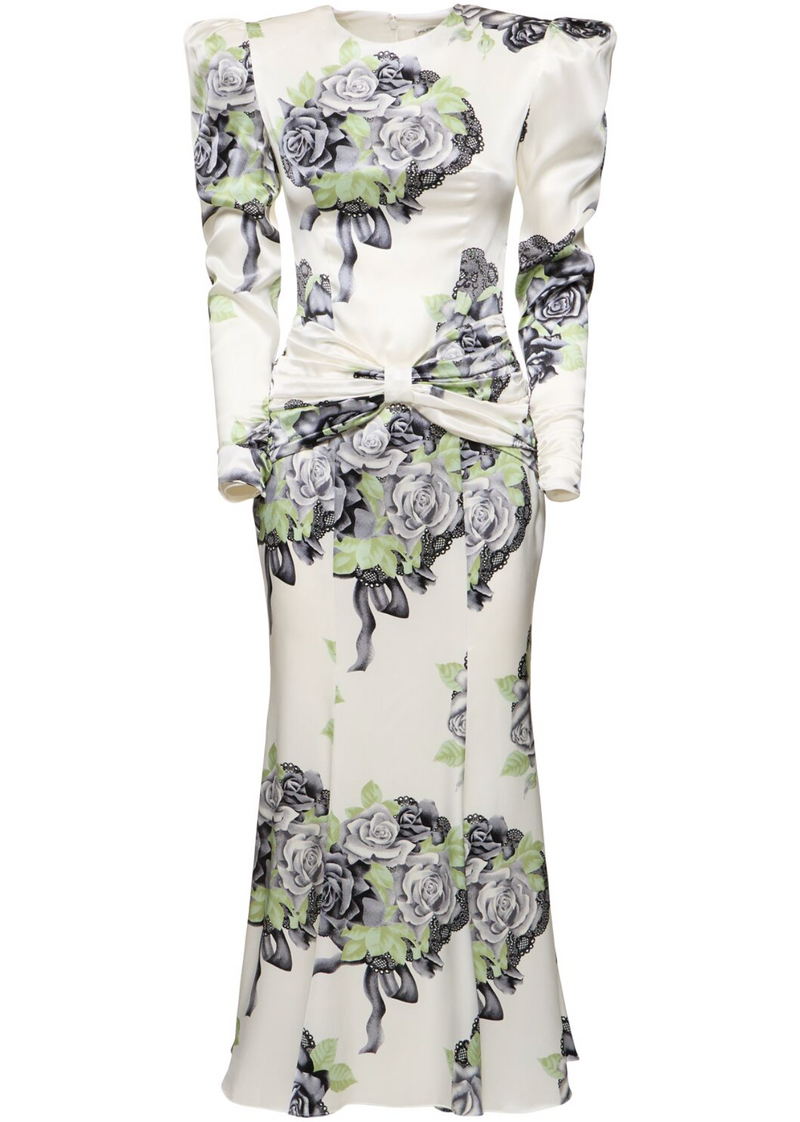 Alessandra Rich Silk Satin Rose Print Midi Dress
