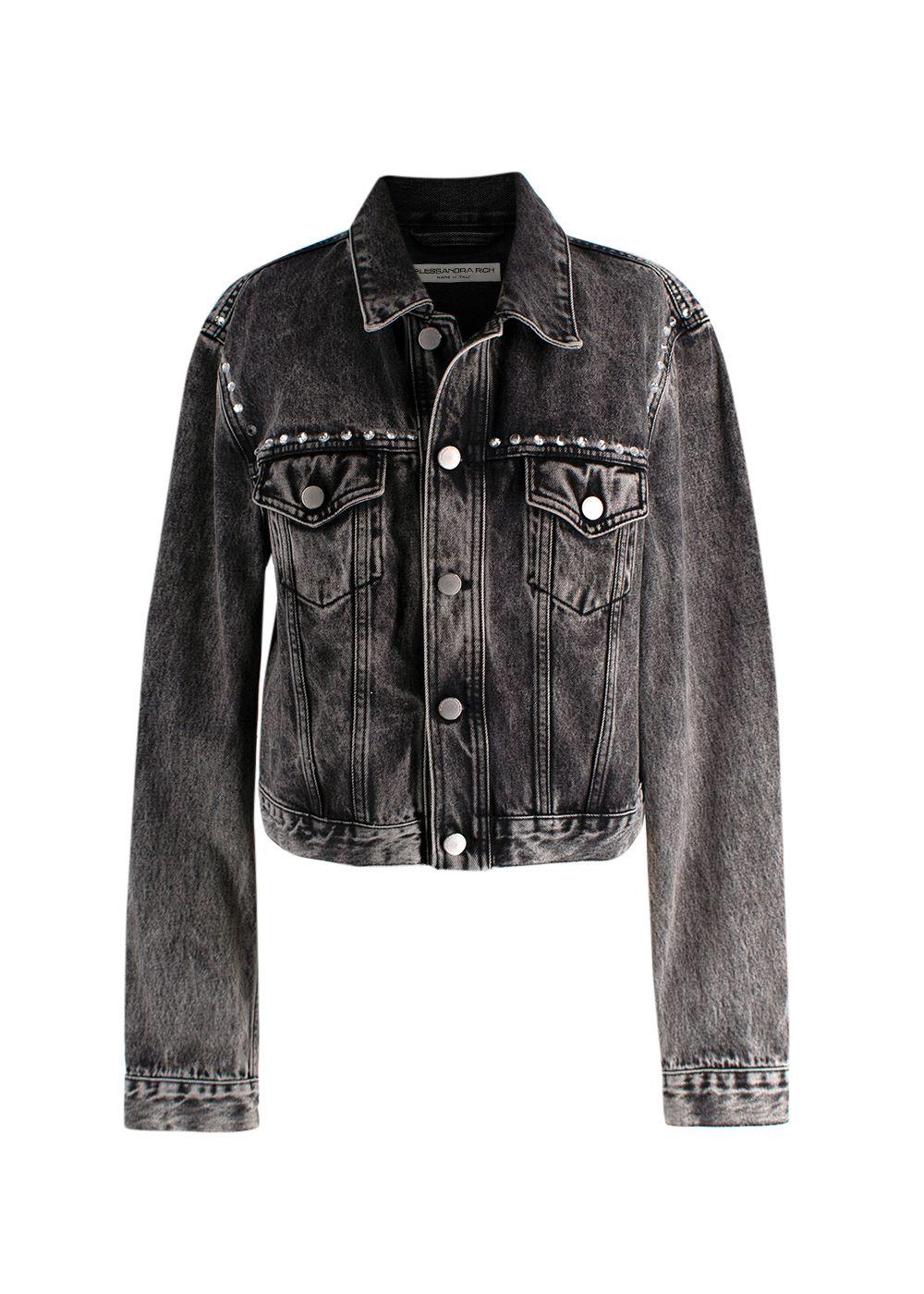 Alessandra Rich Washed Black Embellished Gem Denim Jacket