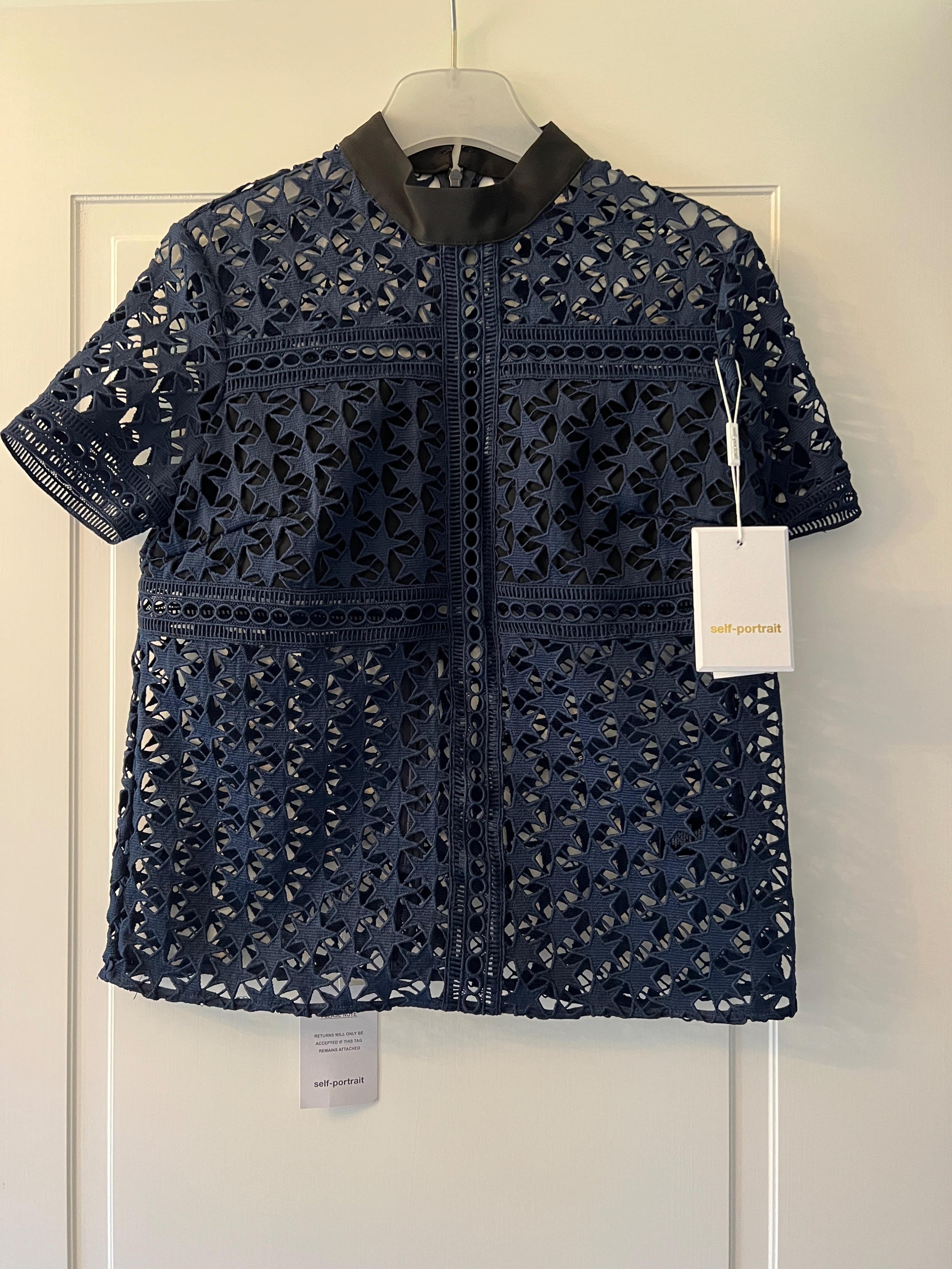 Navy Blue Star Lace Short Sleeved Blouse