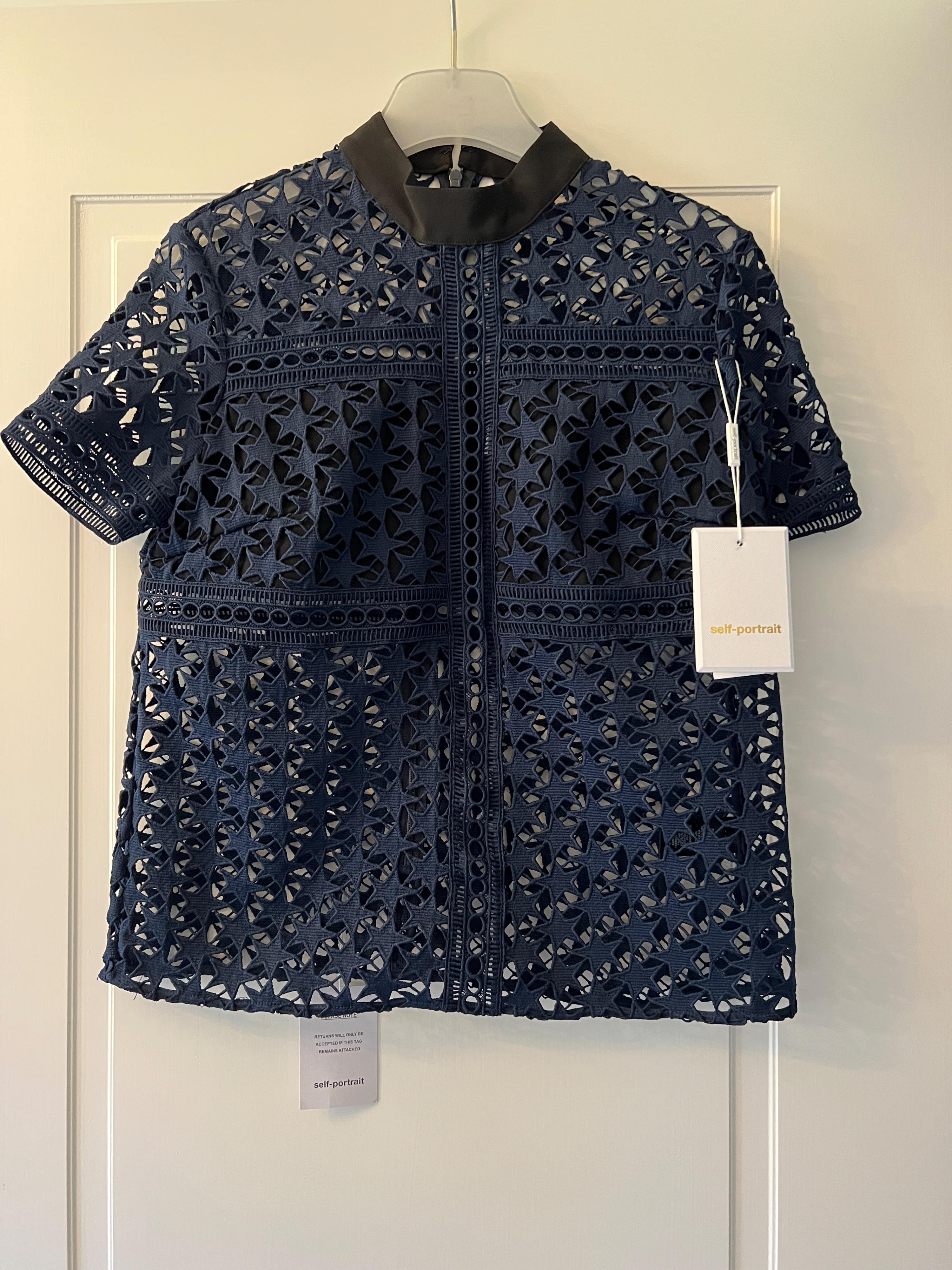 Navy Blue Star Lace Short Sleeved Blouse