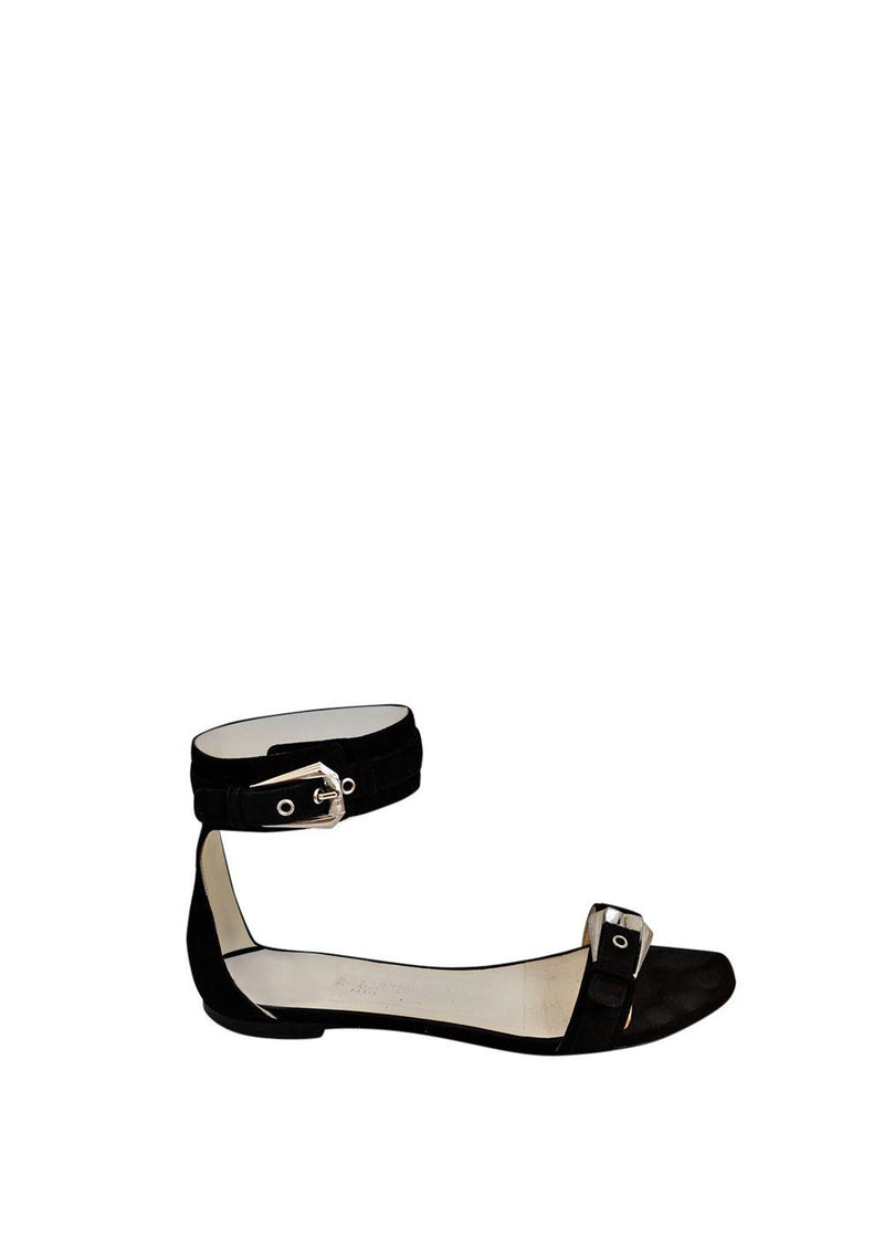 Black Suede Ankle Strap Flat Sandals