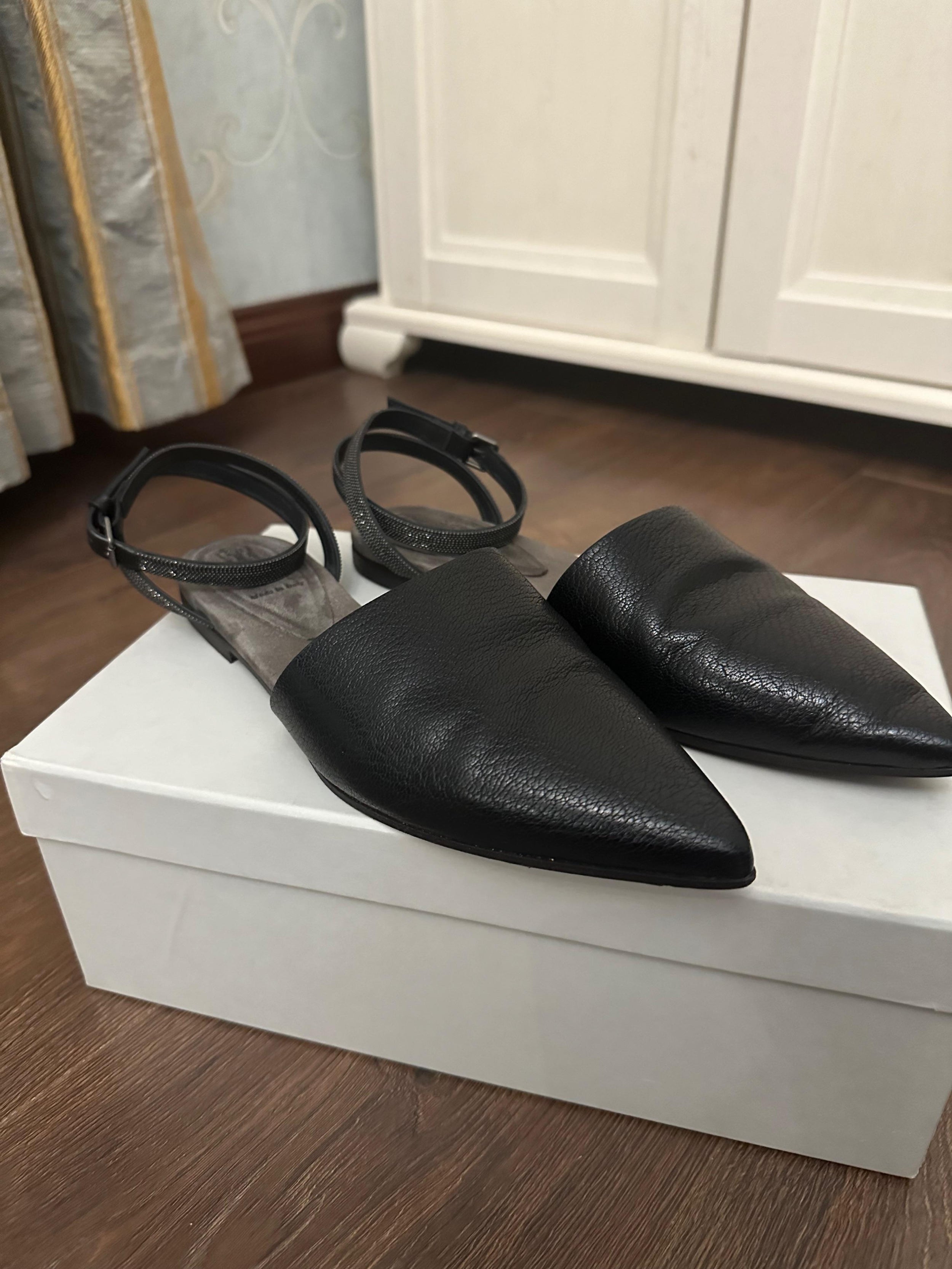 Brunello Cucinelli Black Monili Ankle Wrap Flats