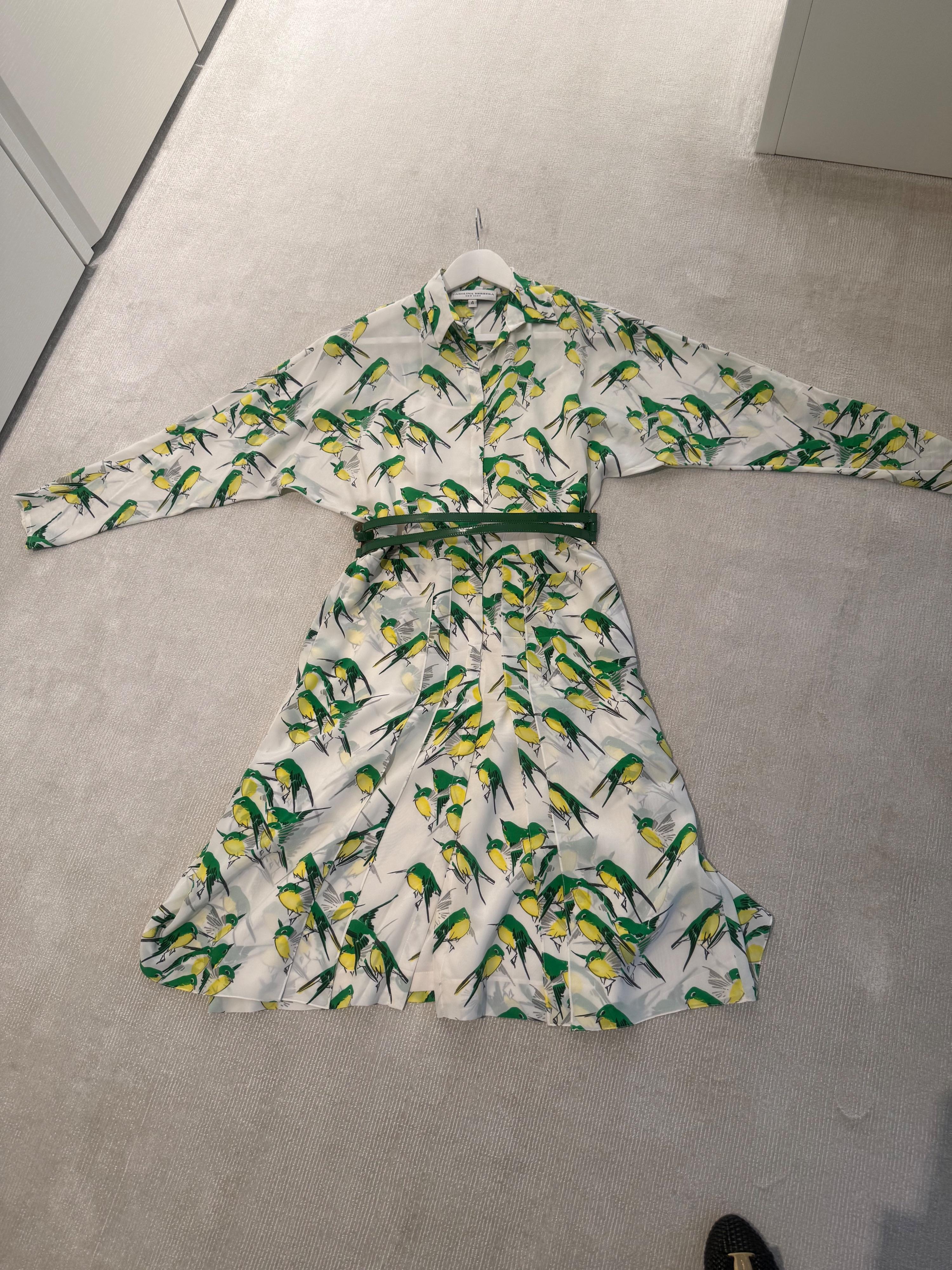 Long Sleeved Belted bird Print Dress