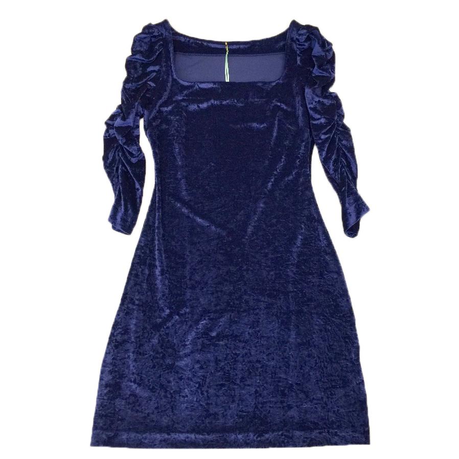 French Couture Navy Blue Panne Velvet Square Neck Dress