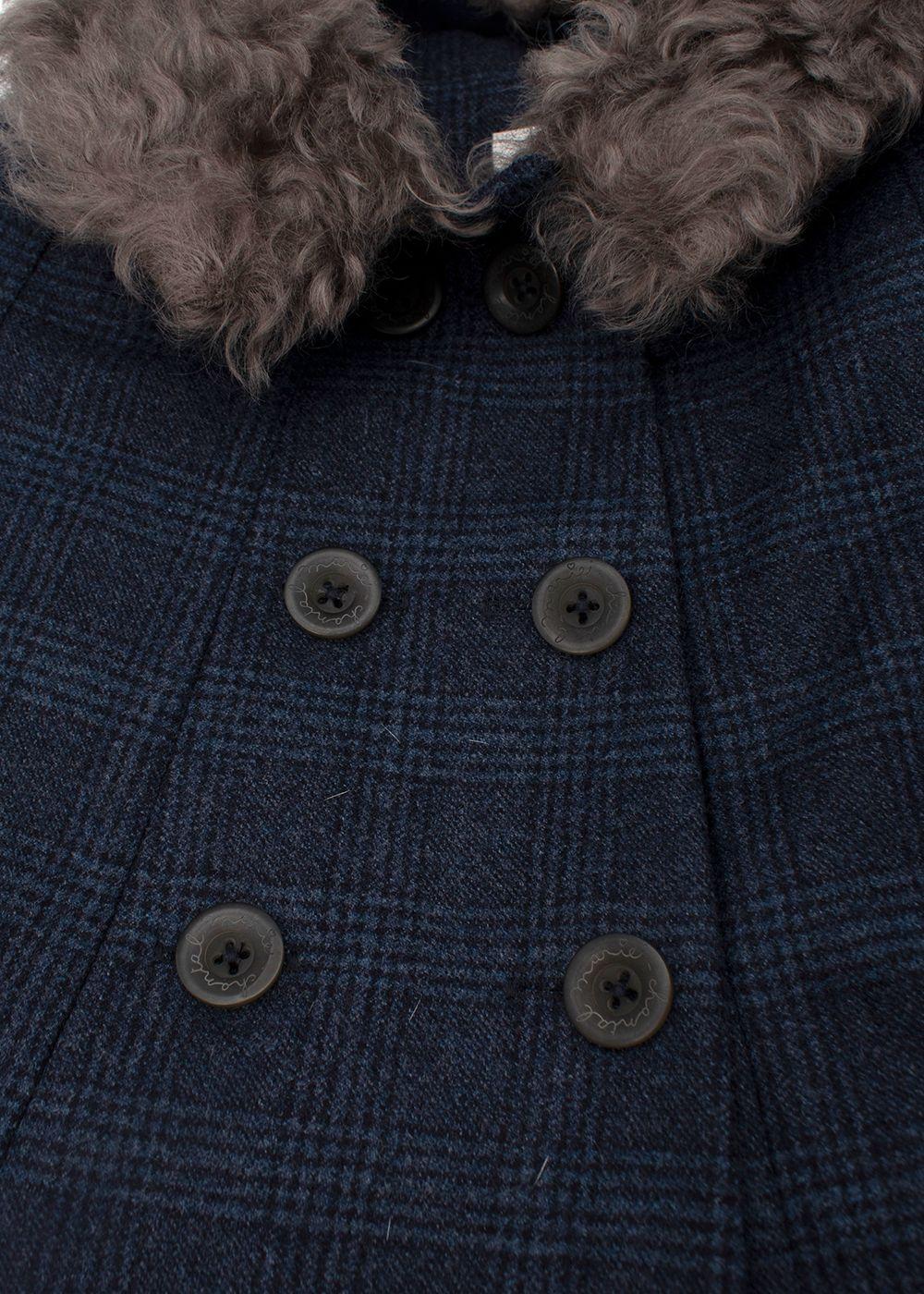Double-Breasted Blue Checked Cape With Fur Collar