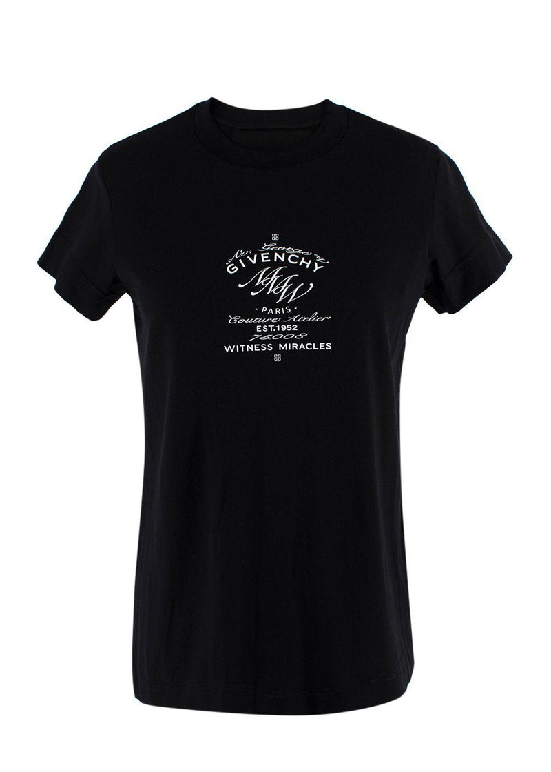 black t-shirt with white front logo