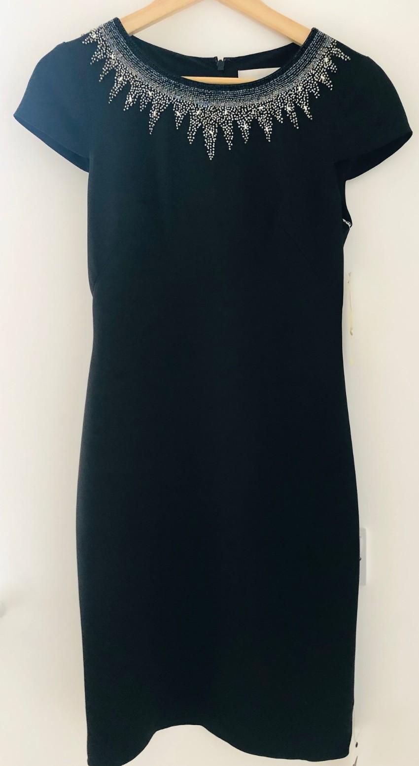Mikael Aghal black beaded neckline fitted silk dress