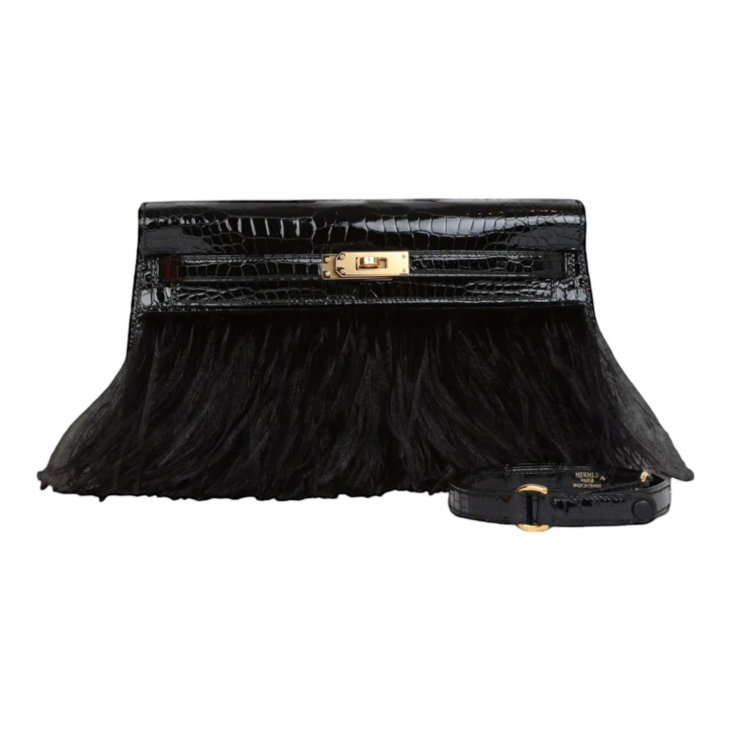 Hermès Kelly Elan Folie Black Crocodile Porosus Lisse Noir / Ostrich Feather And Gold Hardware