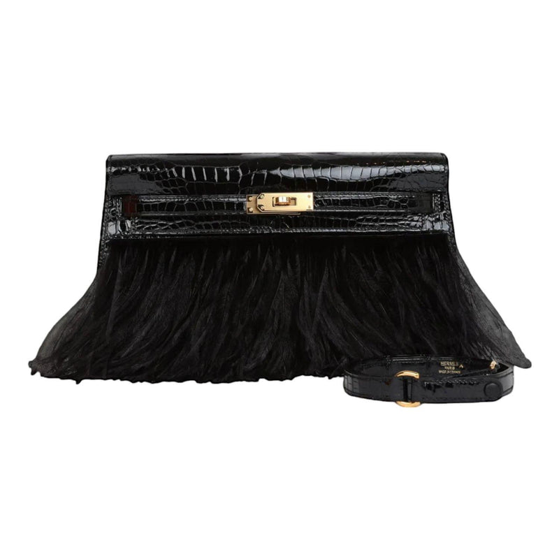Hermès Kelly Elan Folie Black Crocodile Porosus Lisse Noir / Ostrich Feather And Gold Hardware