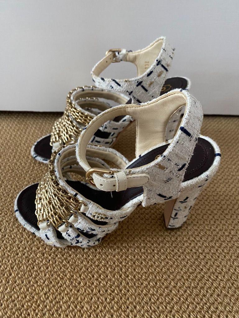 Chanel Tweed Chain Embellished Heeled Sandals