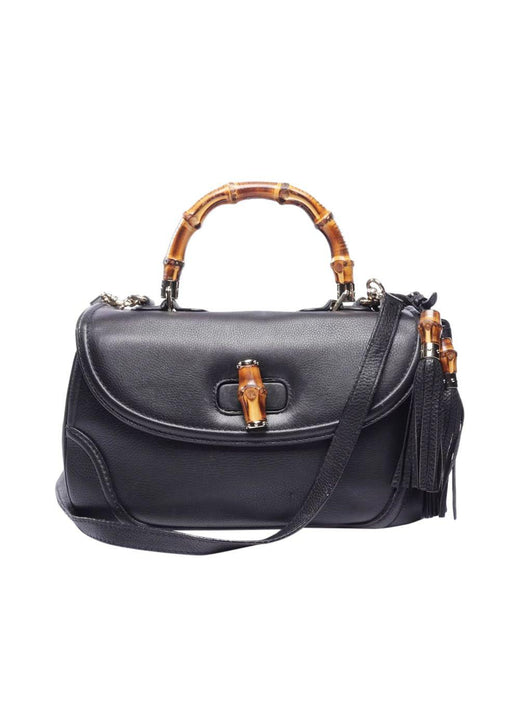 Black Leather Bamboo Top Handle Bag