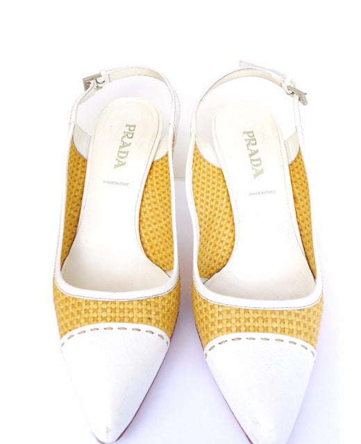 Prada Leather Raffia Slingback Heels