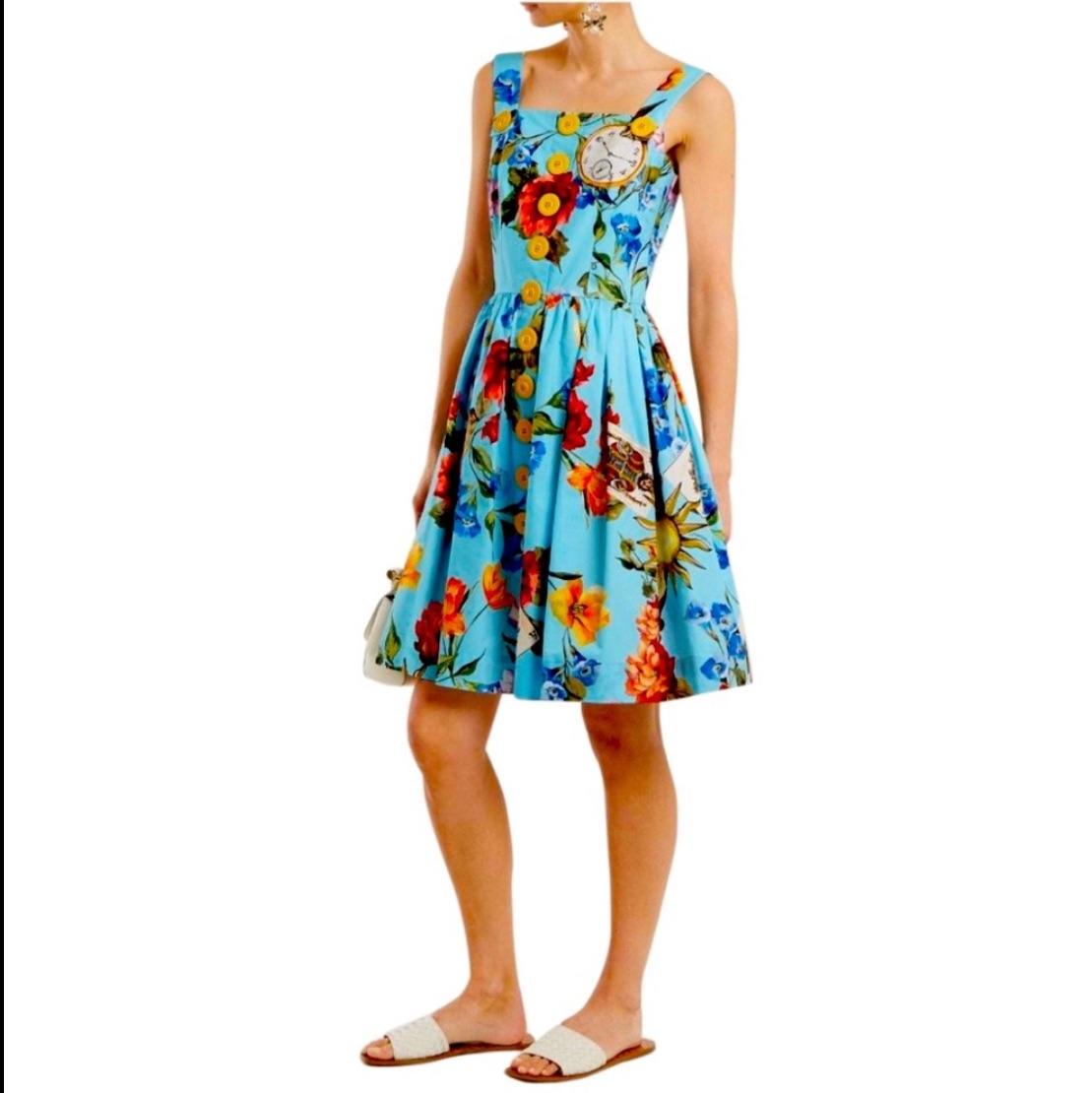 Blue Floral Print Cotton-poplin Dress