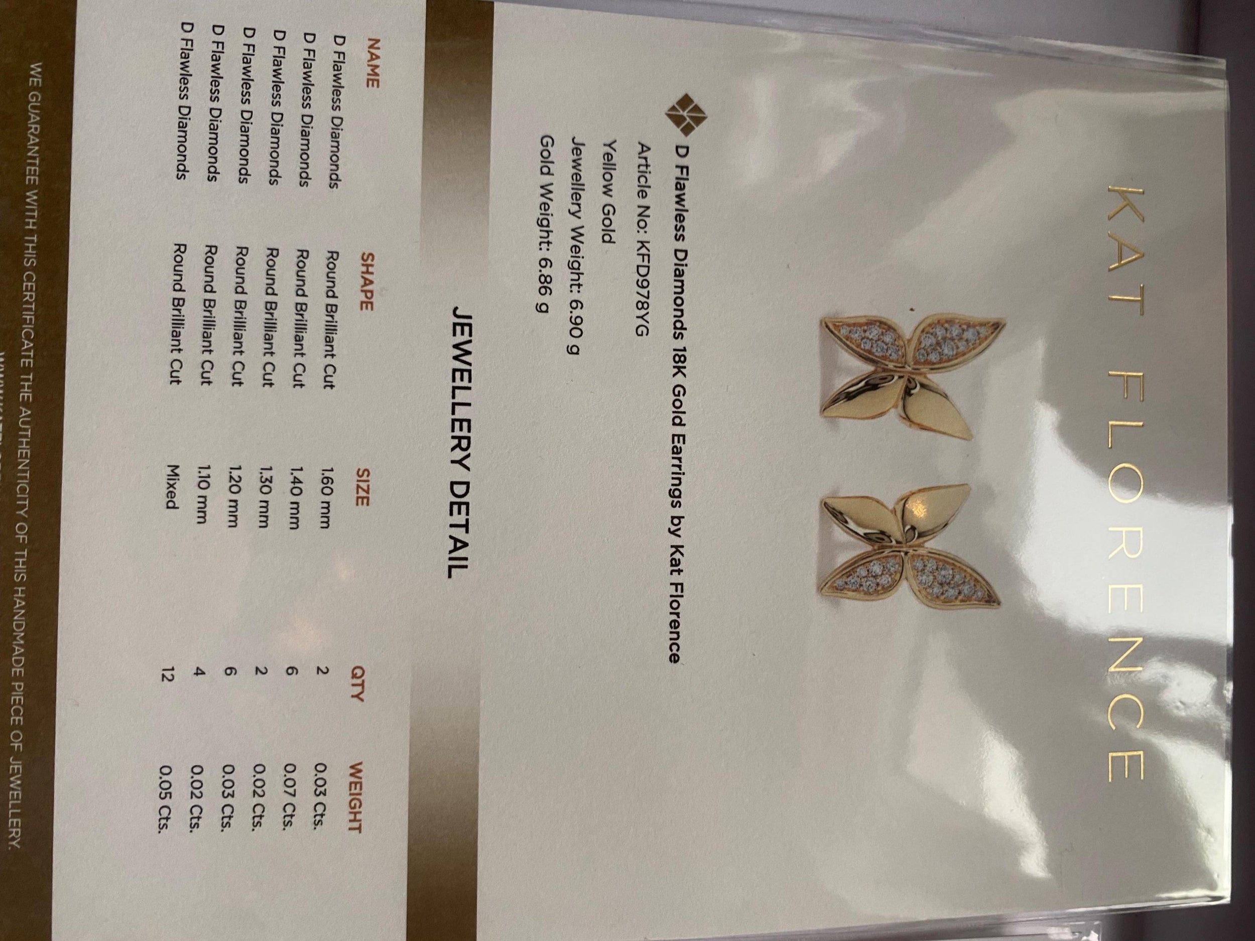 Kat Florence 18k Yellow Gold D Flawless Diamond Butterfly Earrings