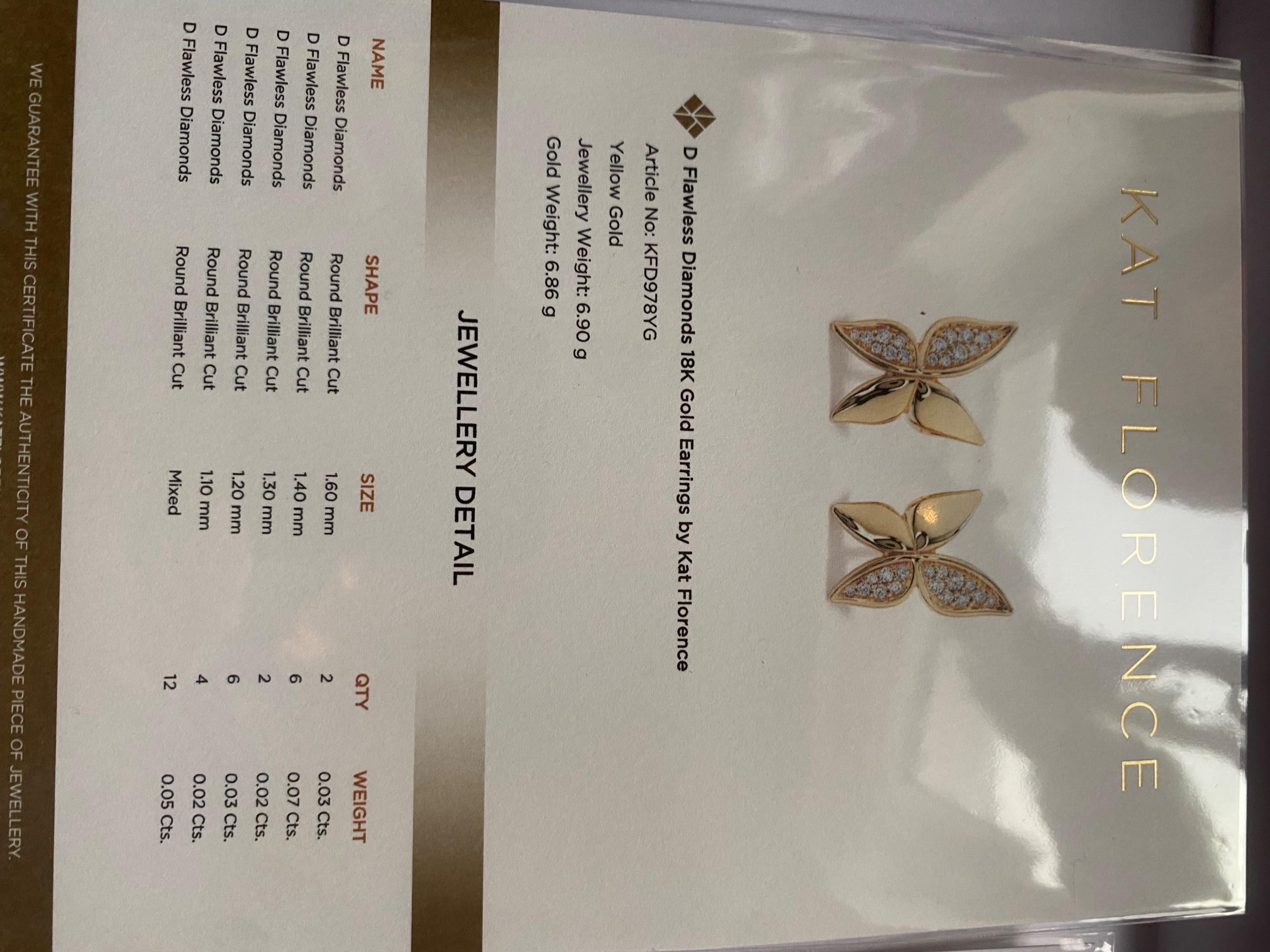 Kat Florence 18k Yellow Gold D Flawless Diamond Butterfly Earrings
