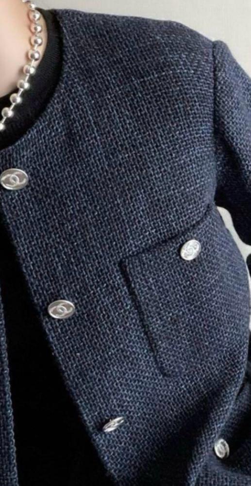 Chanel Blue Tweed Button Front Jacket